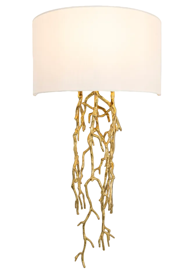 Sylvaine wall light featuring sculptural branch like metal detailing beneath a refined fabric shade in luxury design