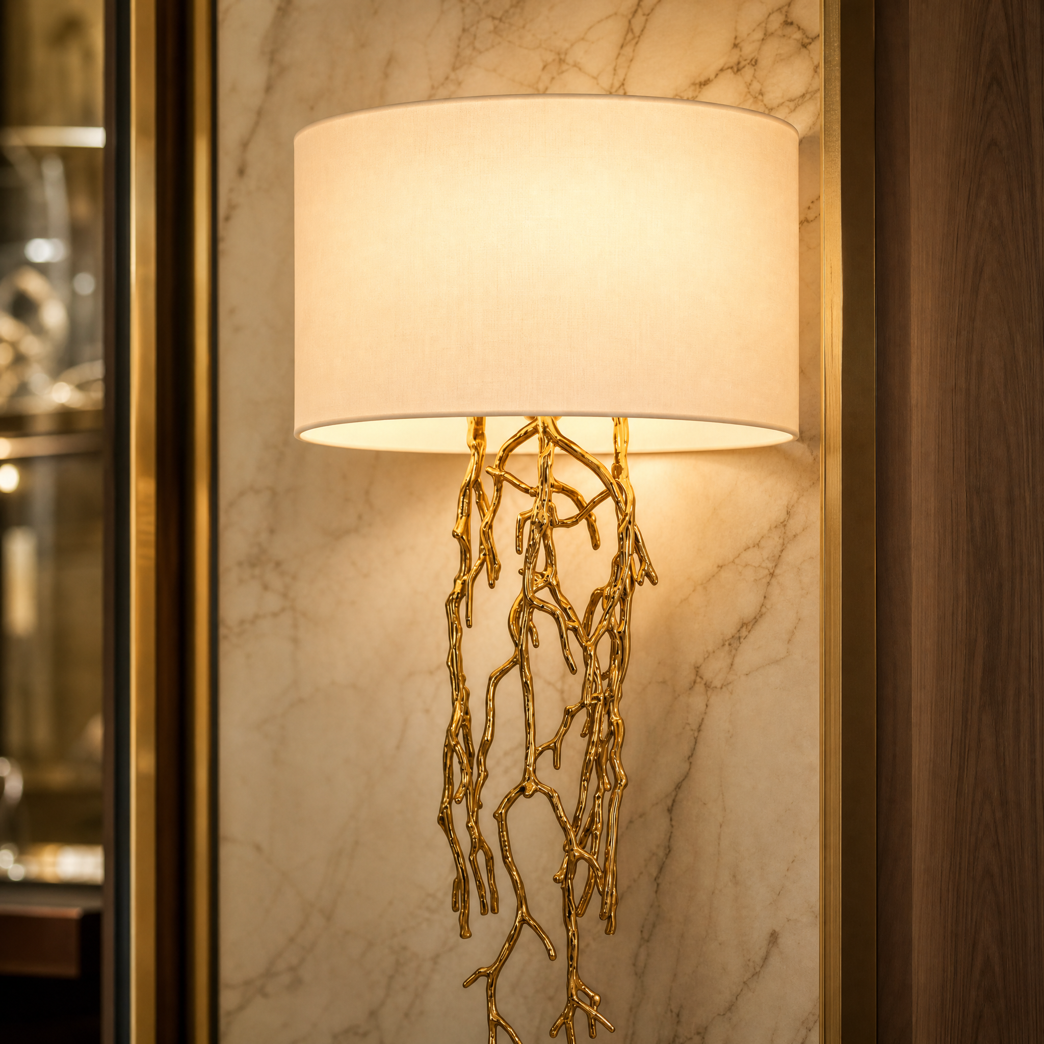 A close-up shot of the VORELLI Sylvaine wall light, highlighting the intricate sculptural, branch-like metal details beneath its elegant fabric shade.