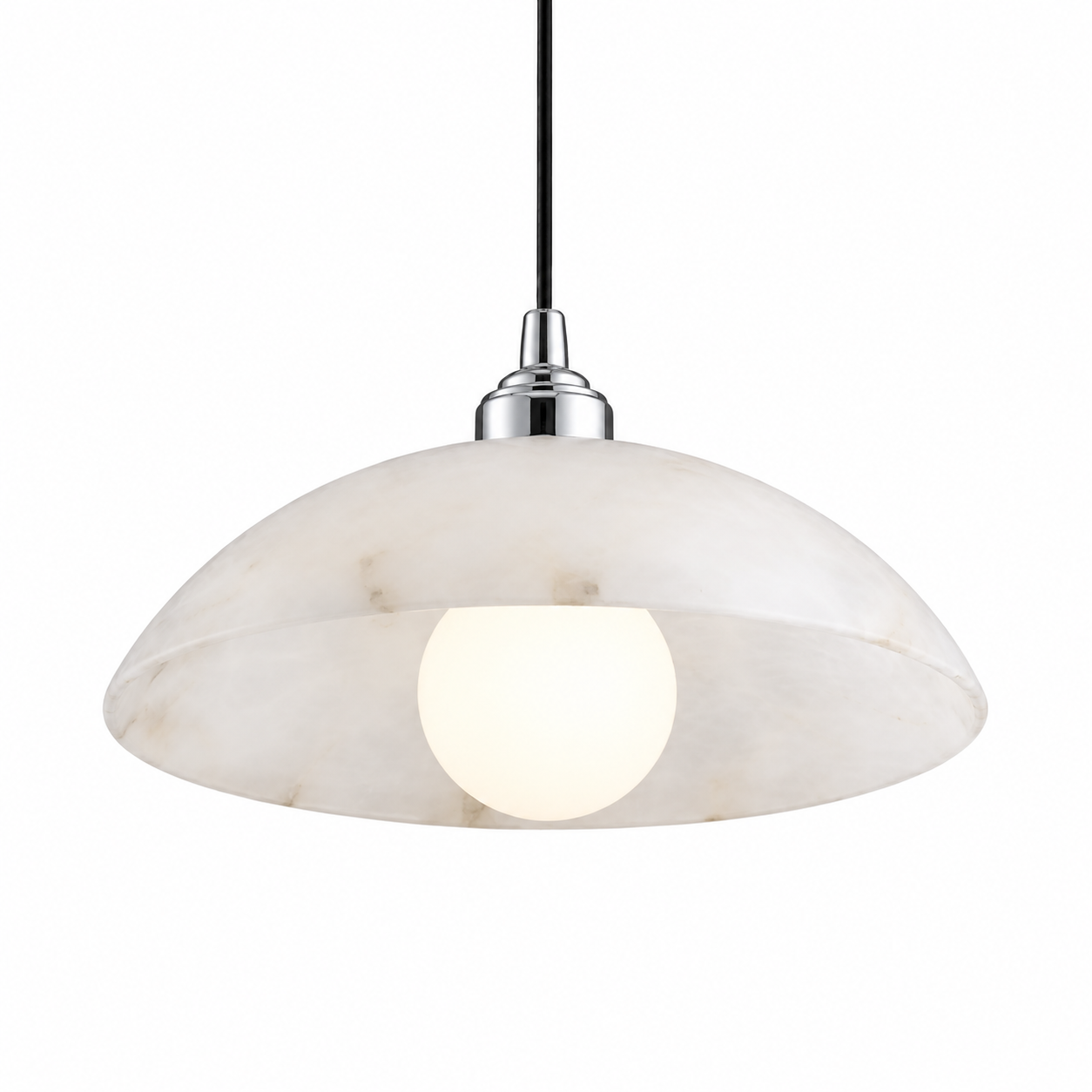 The Alessia Marble Pendant Light by VORELLI radiating a soft, ambient glow that creates an atmosphere of understated luxury and warmth in an upscale interior space.