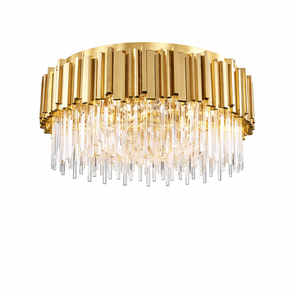 The Boeotia ceiling light viewed from below, highlighting the geometric harmony of its cuboid frame and radiant crystal accents.