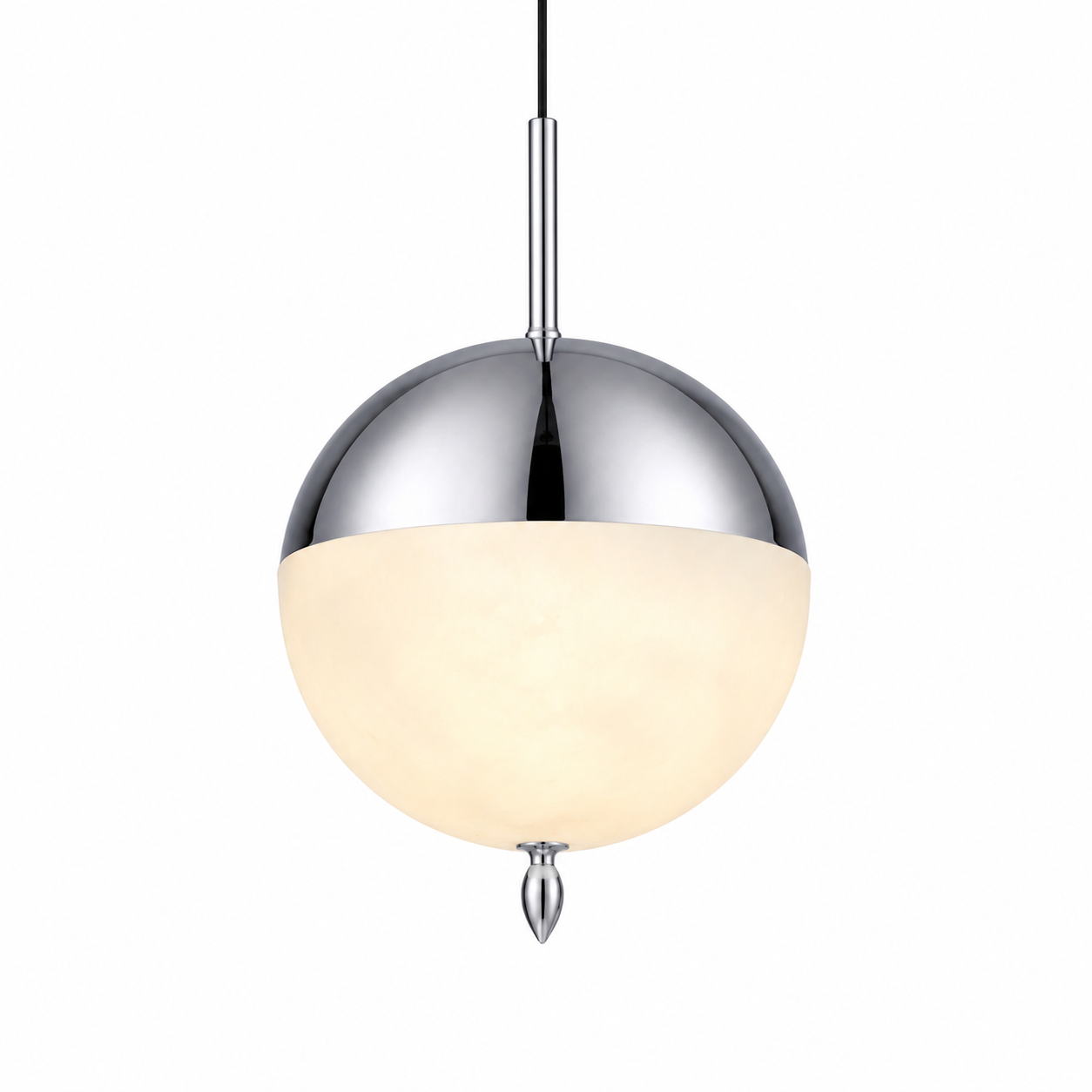The circular Castano Marble Pendant Light II by VORELLI casting a warm, atmospheric glow in a moody, upscale residential setting.