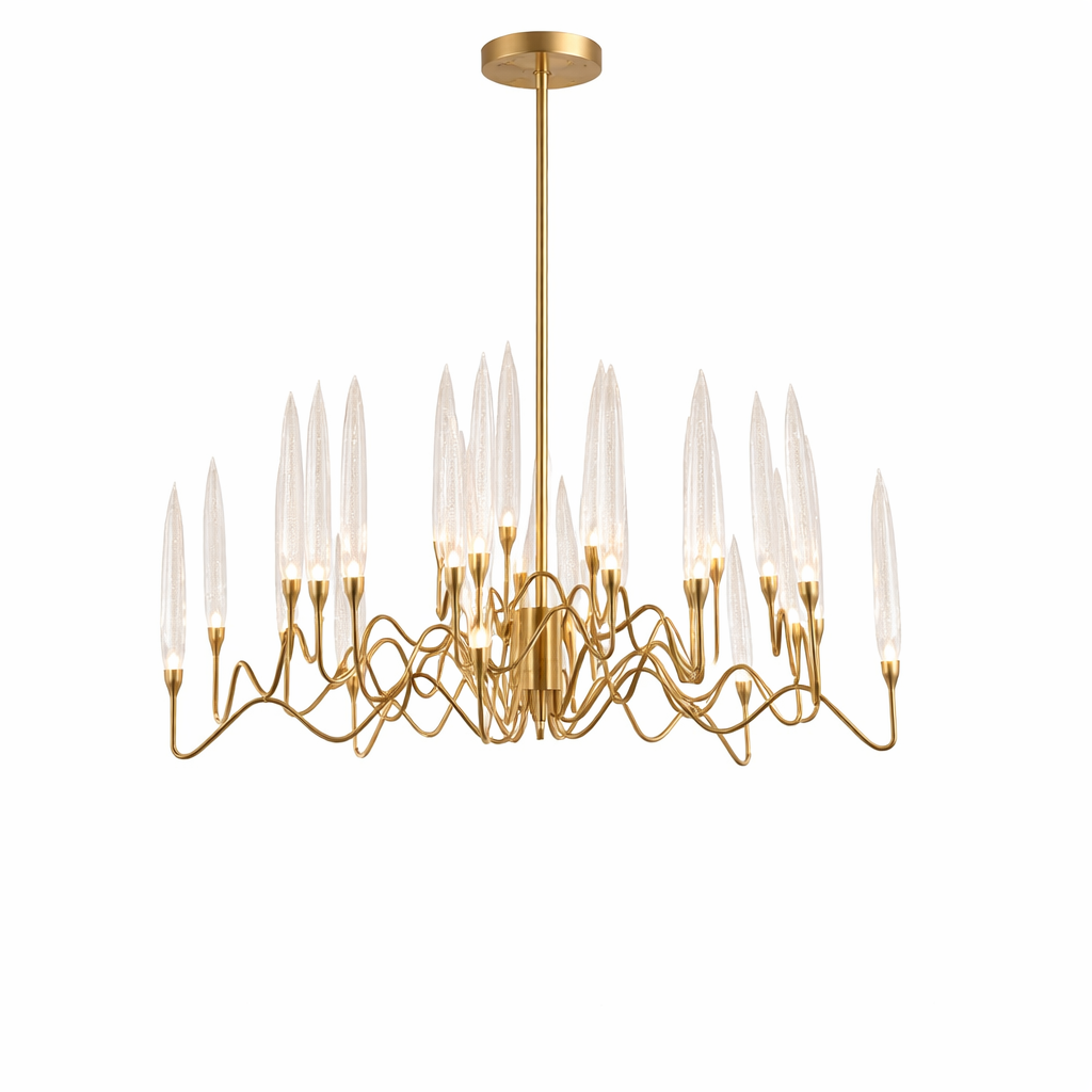 The classic, sinuous frame of the VORELLI Tiddington pendant light casting a warm, artistic glow over an upscale interior space.