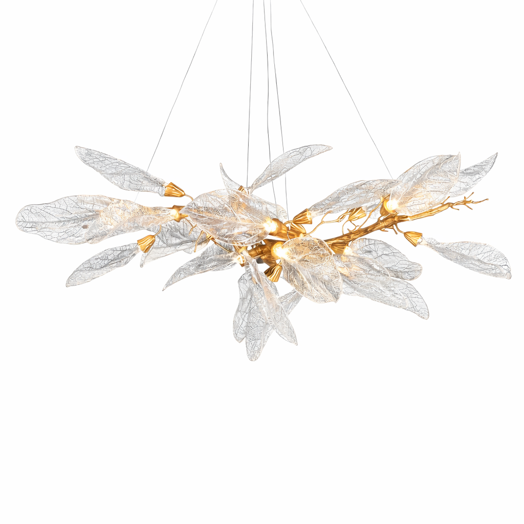 The flowing rectangular silhouette of the VORELLI Ottobre chandelier, capturing the dynamic depth and movement of its glass layers.