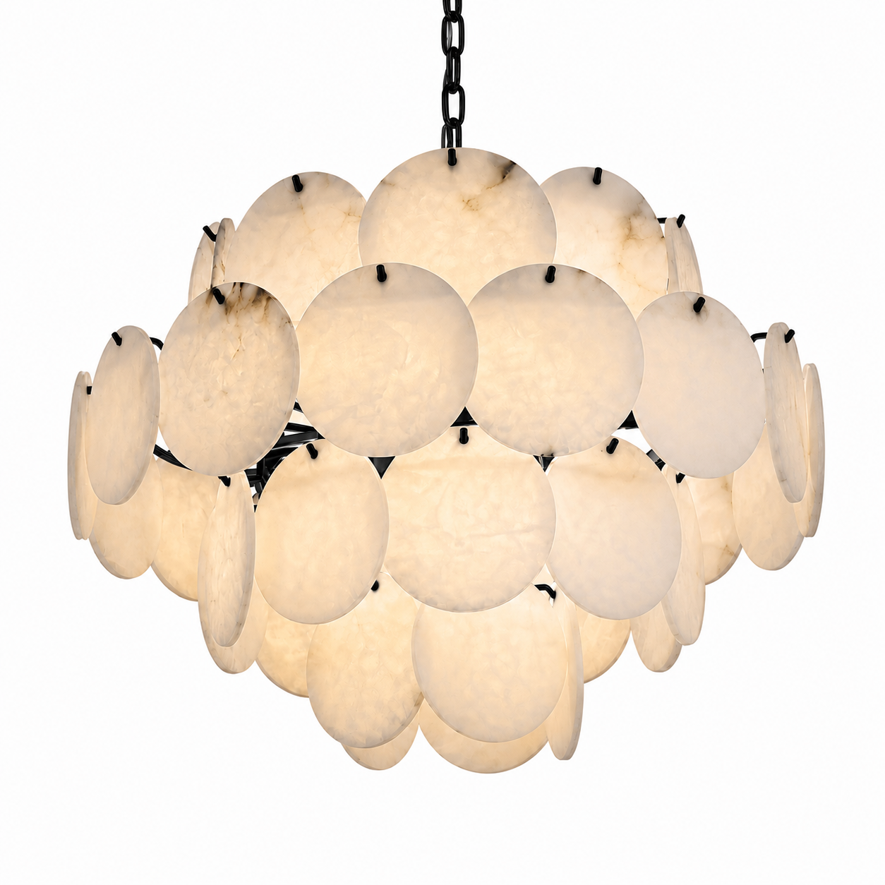 The radiant glow of the Alfonso Marble Circular Chandelier II, perfectly accentuating a high-end luxury residential dining room layout.