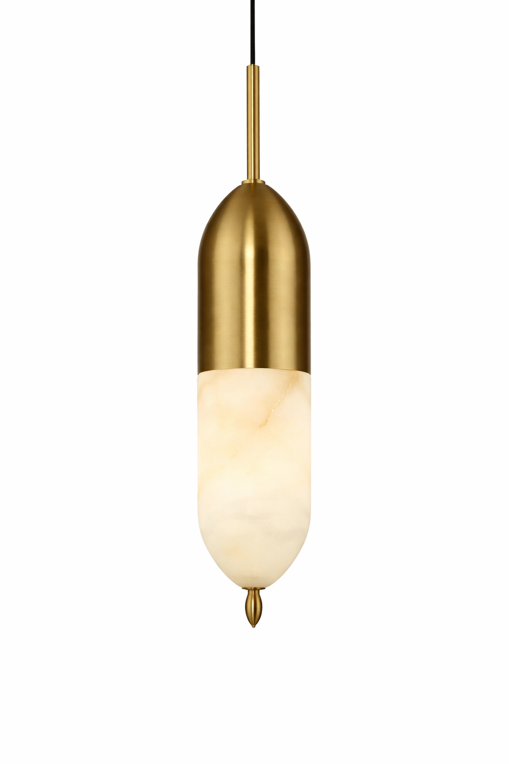 The sculptural form of the Castano marble pendant light casting a warm, refined glow, showcasing its distinctive chestnut silhouette and brass details.