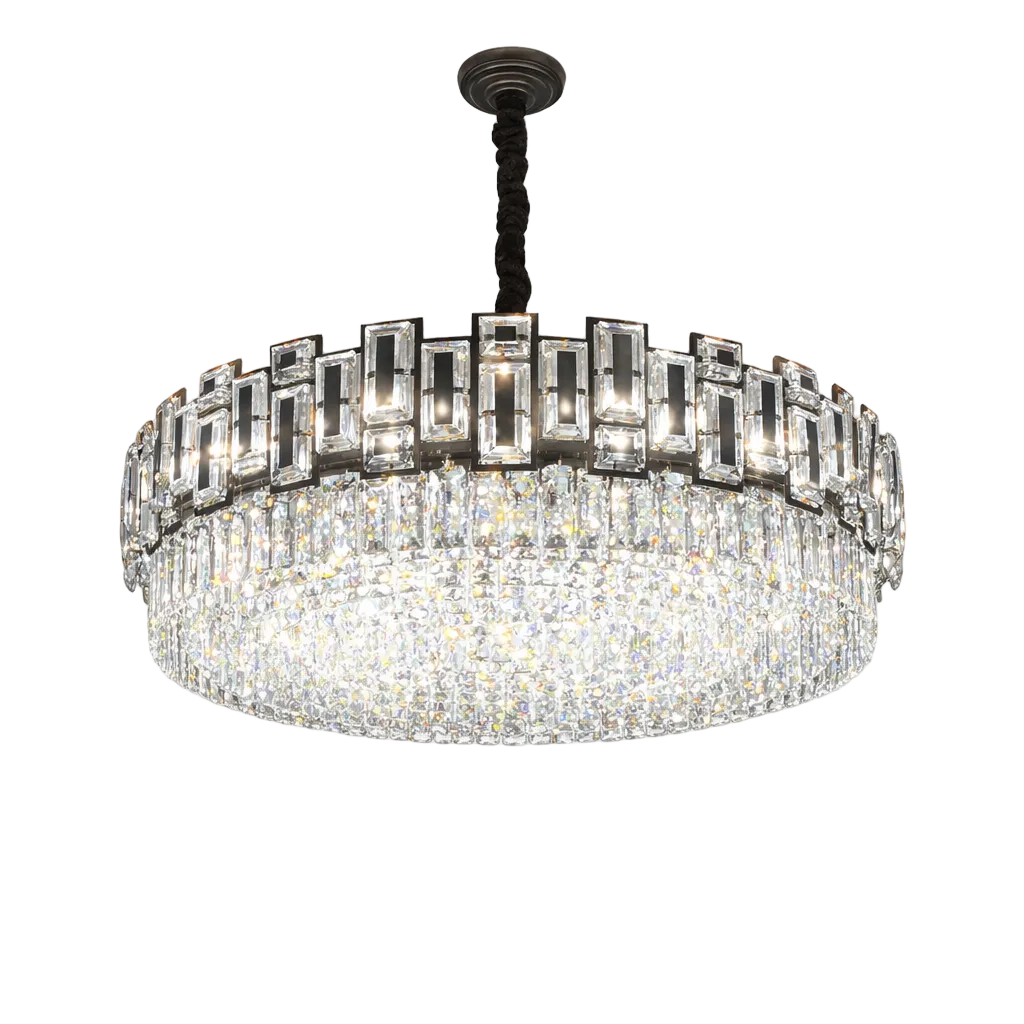 The VORELLI Belvedere circular chandelier casting a warm, opulent glow, highlighting the premium craftsmanship of its geometric crystal layout.