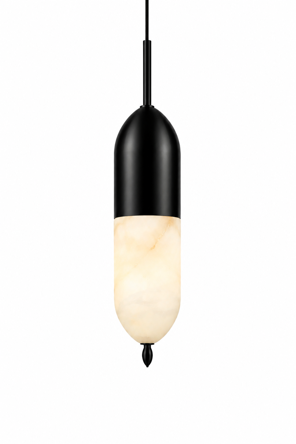 The VORELLI Castano marble pendant light hanging elegantly as a refined, sculptural statement piece in a modern, moody interior design concept.