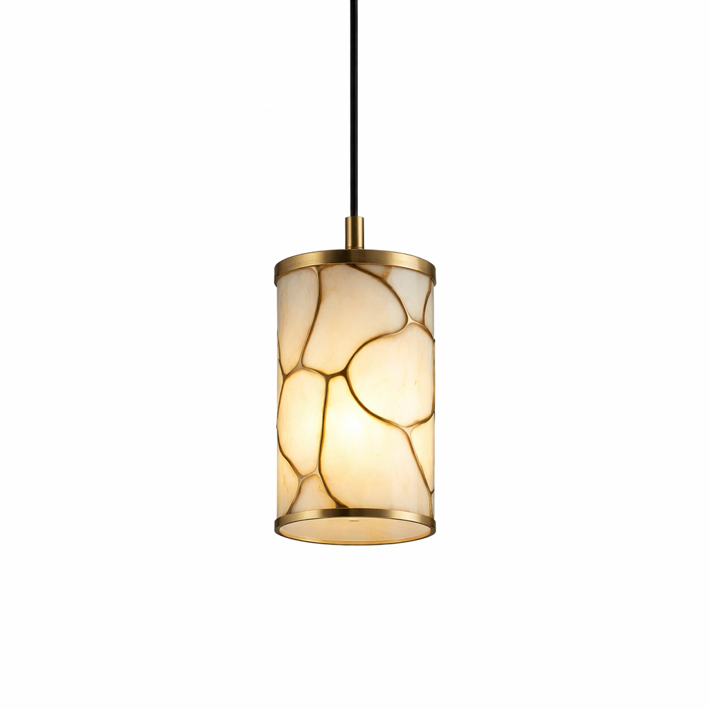 The VORELLI Invictus marble pendant light viewed from a low angle, highlighting its sculptural silhouette and premium stone veining against a moody backdrop.