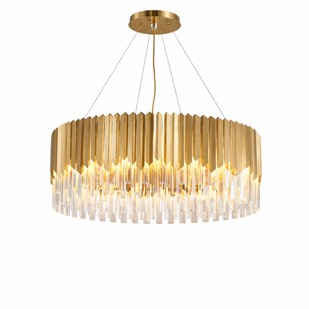 The VORELLI Manhattan Circular Chandelier illuminating a refined space, accentuating its sleek crystal bars and wide hexagon decorative frame.