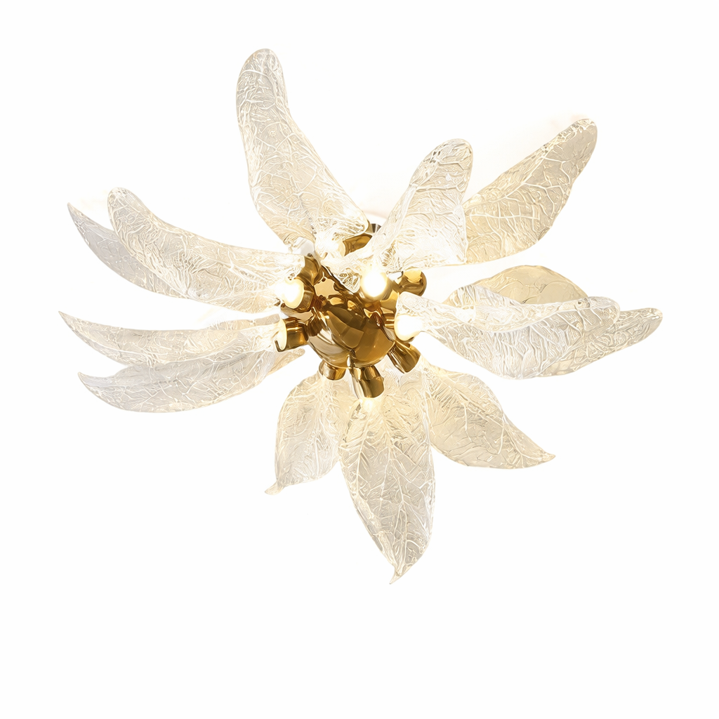 The VORELLI Ottobre ceiling light casting a warm, radiant glow through its detailed glass leaves, creating an inviting autumn-inspired mood.