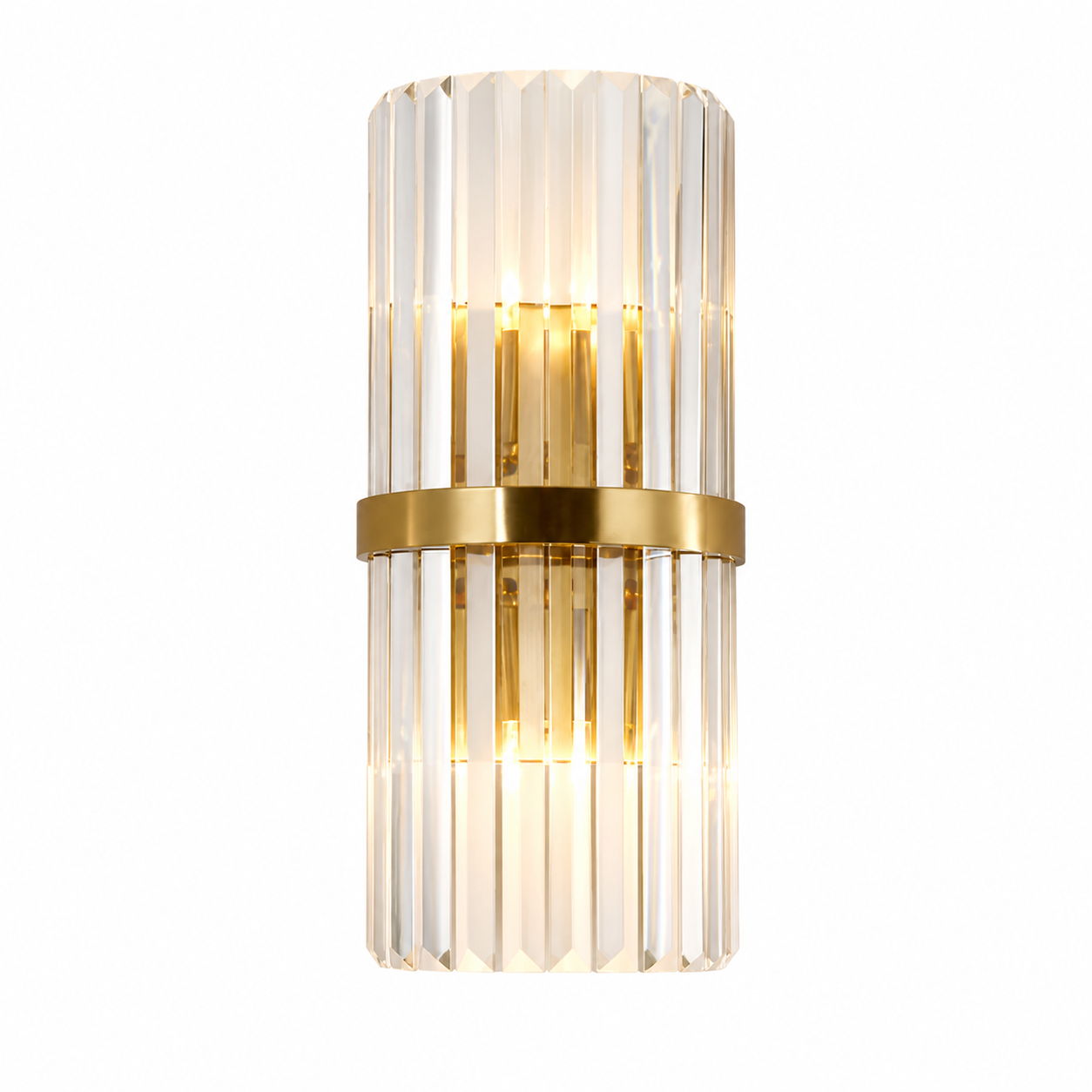 The VORELLI Ruthrieston wall light casting a warm, elegant ambiance through its vertical crystal bars, highlighting detailed luxury metalwork.
