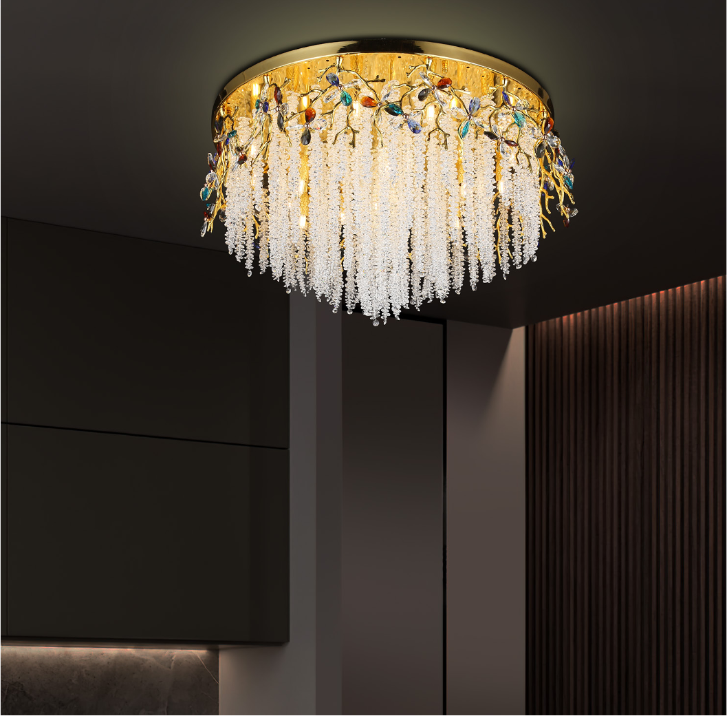 The Wisteria Ceiling Light illuminating a sophisticated residential living room, creating a calm and refined atmosphere.
