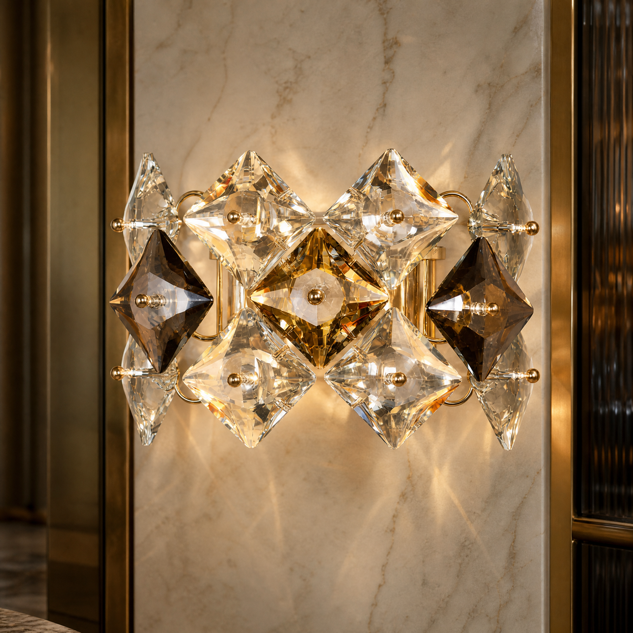 Macro closeup of the VORELLI Thirlmere wall light showing the intricate texture of clear and smoky grey diamond cut crystals.