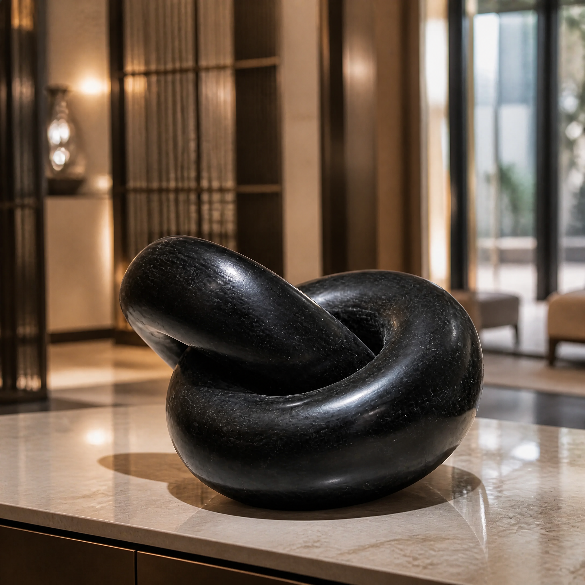 VORELLI Torrino Black Link Decor displayed on a sleek console table in a luxury hotel lobby, highlighting its sophisticated, timeless statement design for high-end hospitality interiors.
