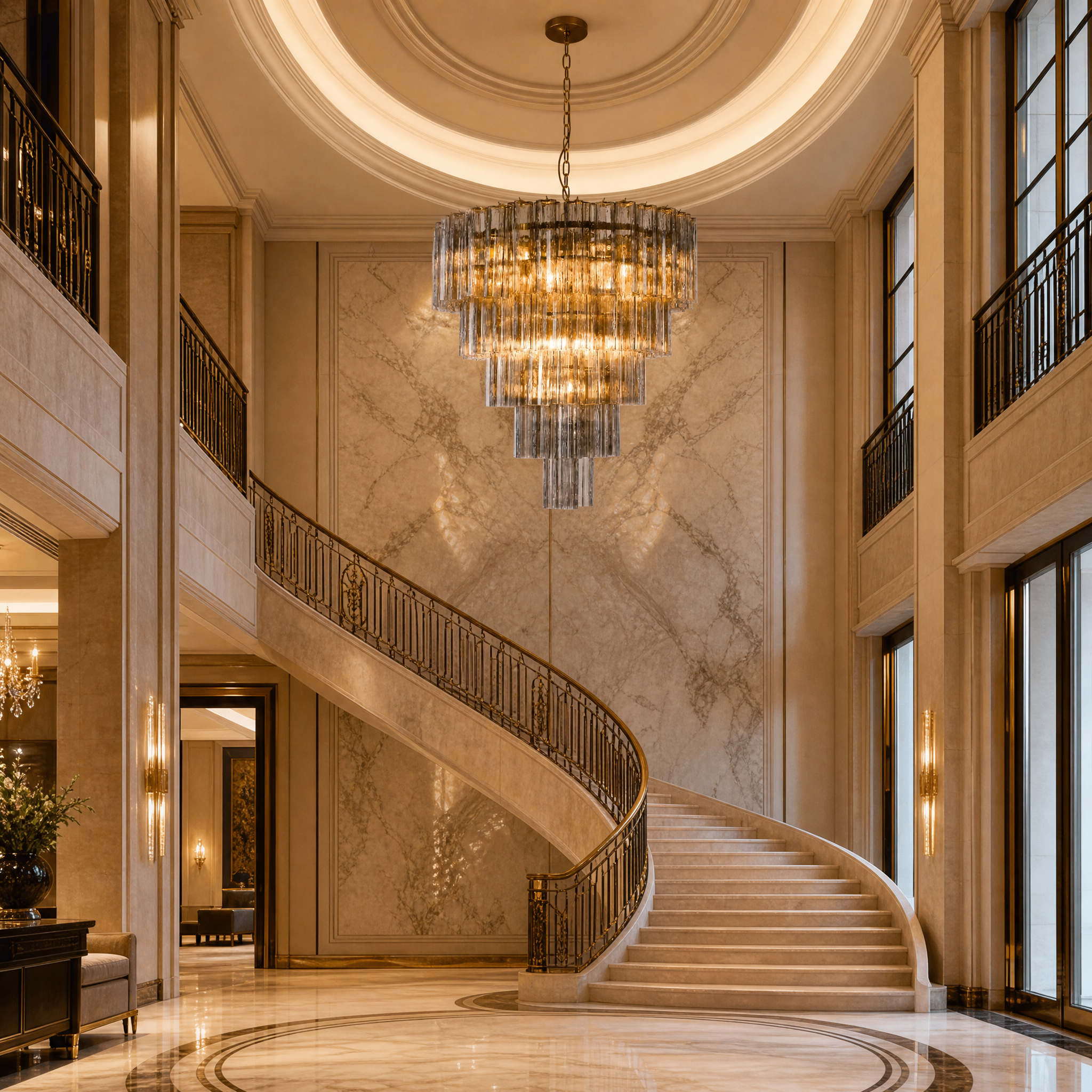 VORELLI Trevisano Grandeur chandelier with satin brass frame and multi-colored glass tubes in a high-end hospitality setting.