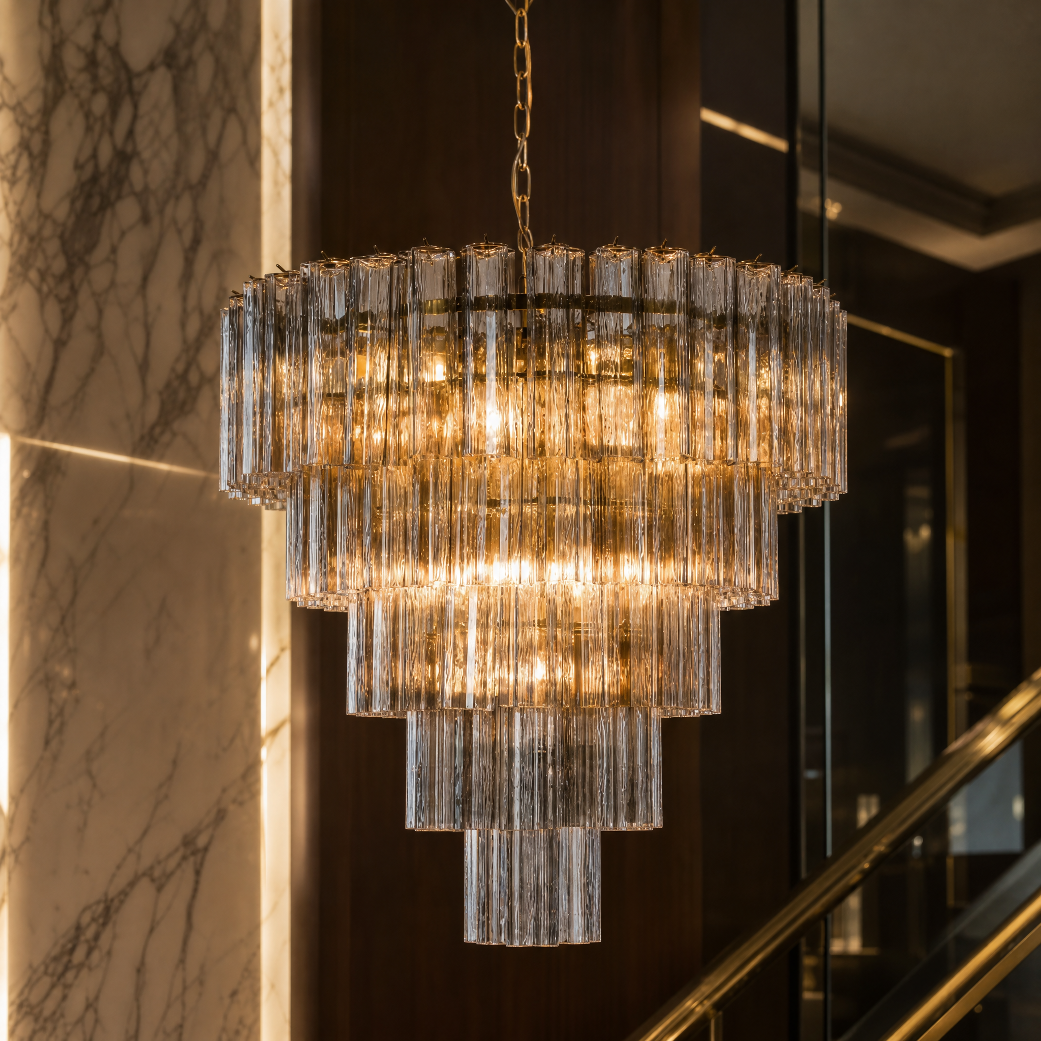 Close-up of individually hung fluted glass tubes and satin brass frame construction on the Trevisano Grandeur chandelier.