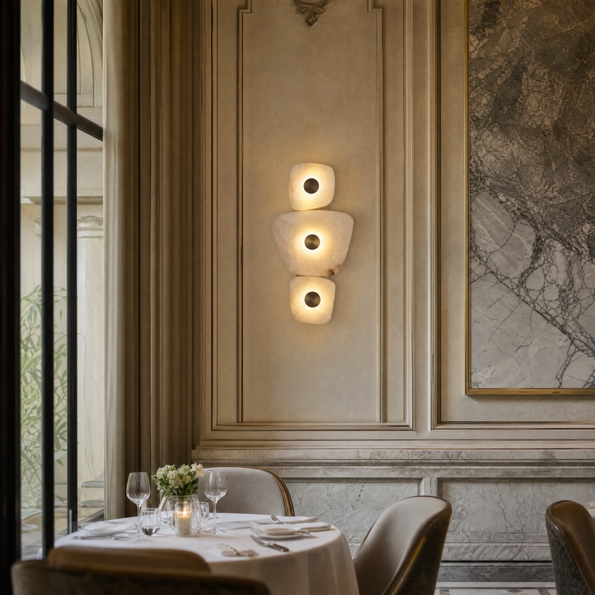 A pair of asymmetrical VORELLI Trivara marble wall sconces illuminating a sophisticated hotel lobby corridor with contemporary flair.