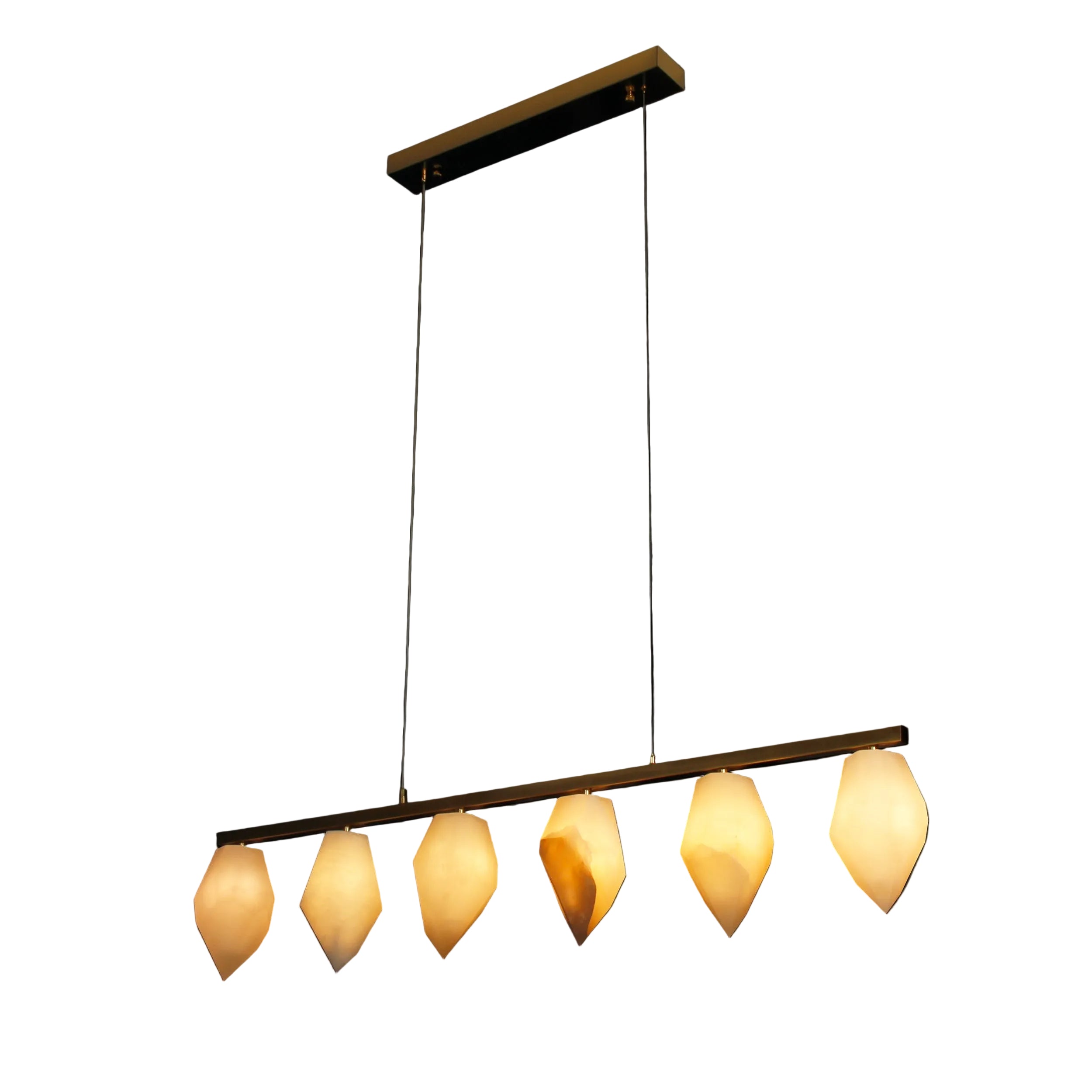Tuscana marble rectangular chandelier with sculpted marble shades and warm ambient glow