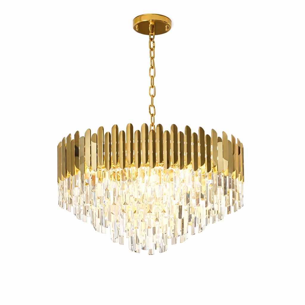 Upscale modern living room featuring the VORELLI Manhattan Circular Chandelier II with its sleek crystal bars casting a warm, sophisticated ambiance over contemporary furniture.