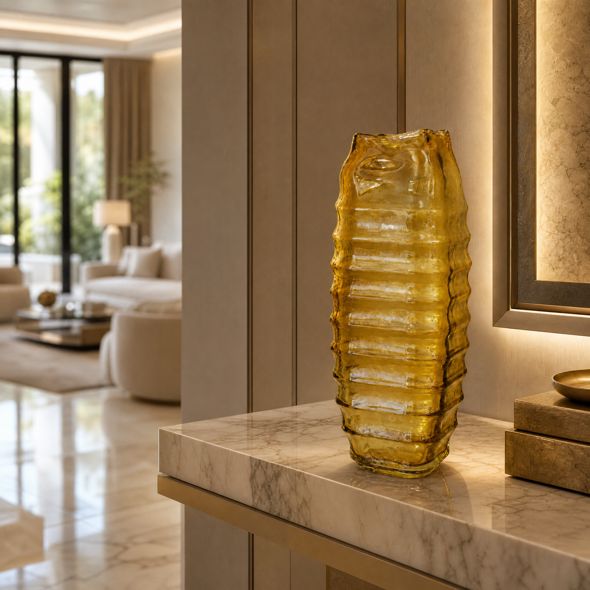 Vorelli Valdese large ribbed yellow glass vase styled on a modern wooden console table in a sunlit residential living room.