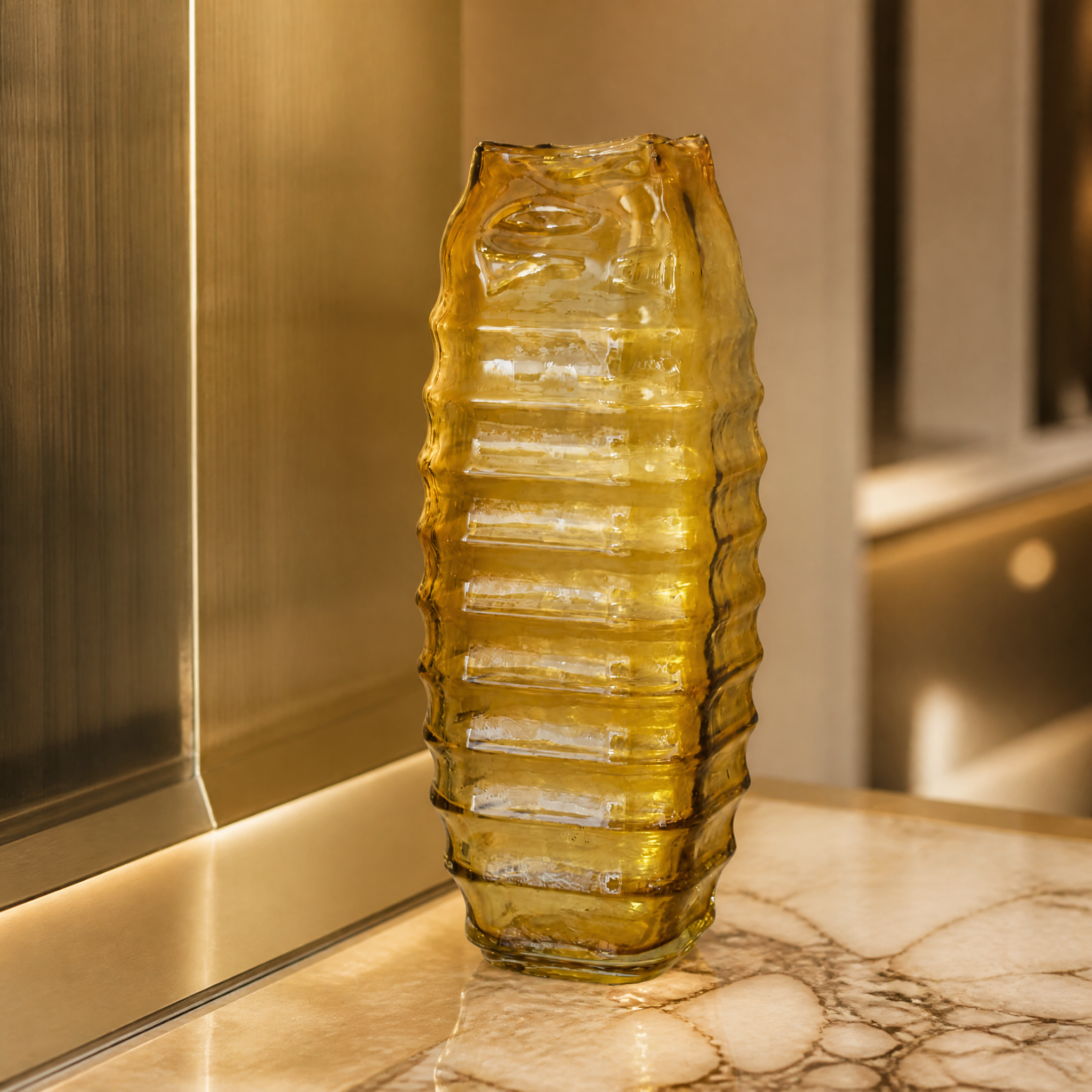 Valdese large yellow glass vase showcasing its architectural square base and intricate ribbed design.