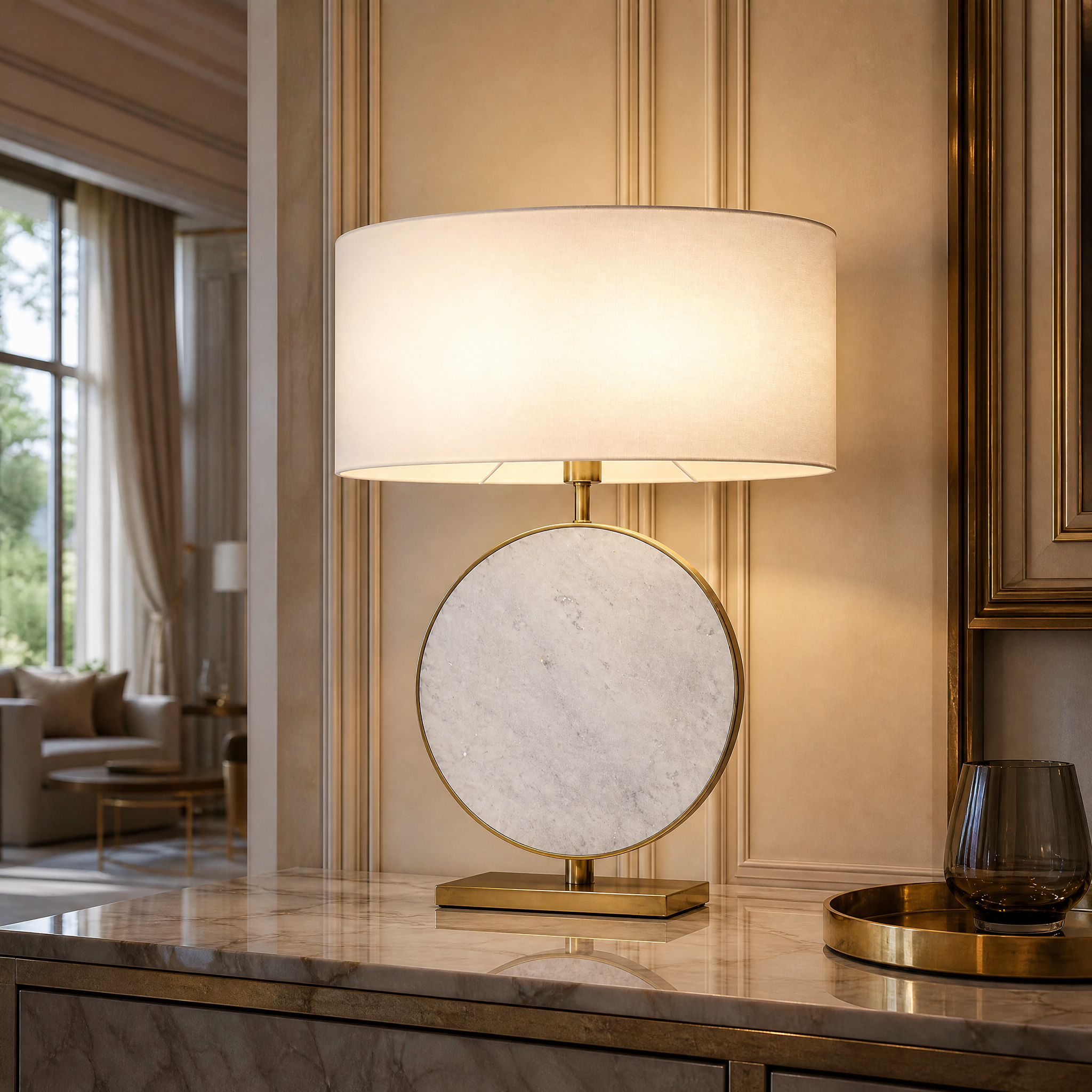 Vorelli Valdessa marble table lamp on a living room side table, casting a warm ambient glow against a modern interior backdrop.