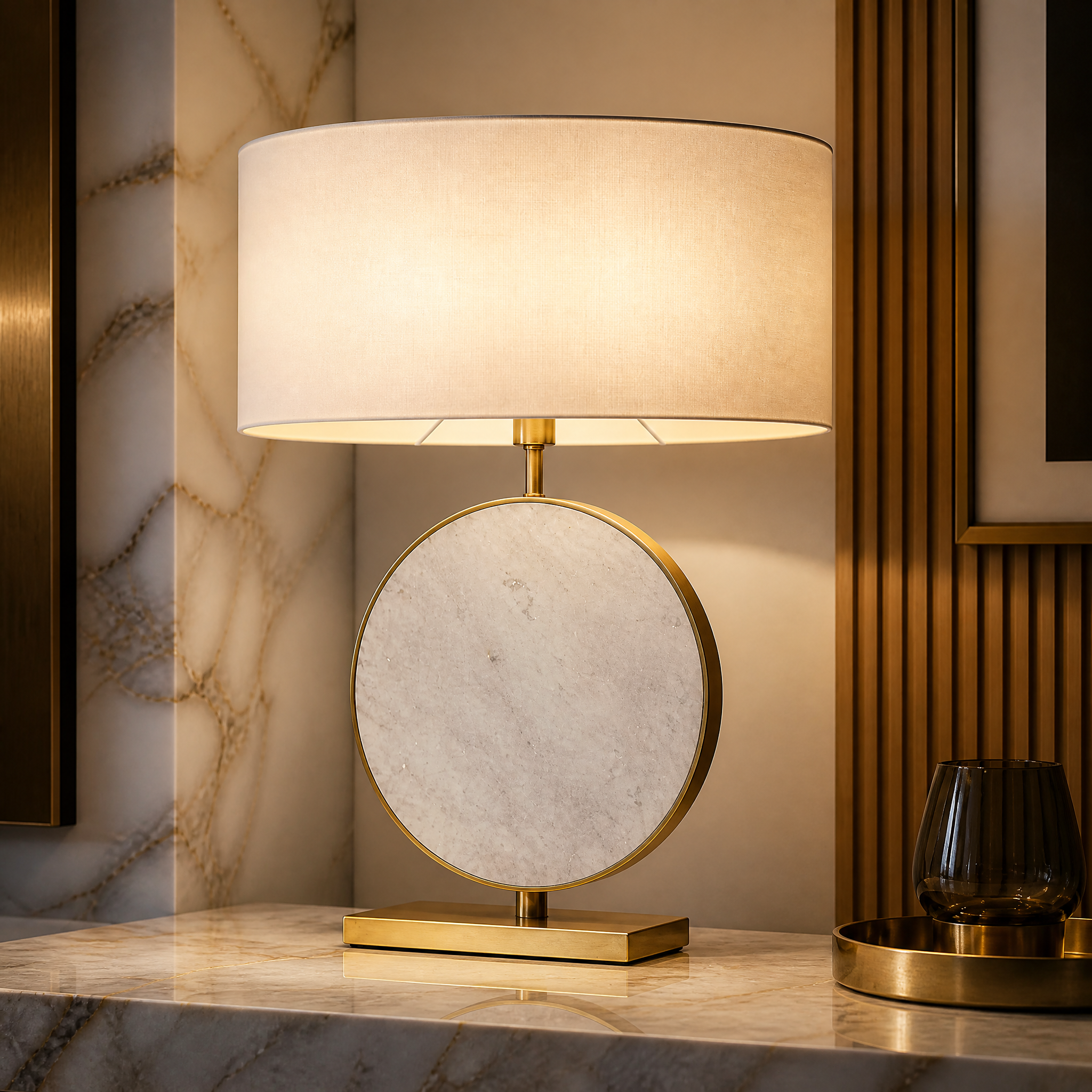 Close-up view of the Valdessa table lamp showcasing the natural grey veining in the white marble disc and the smooth opal glass shade.