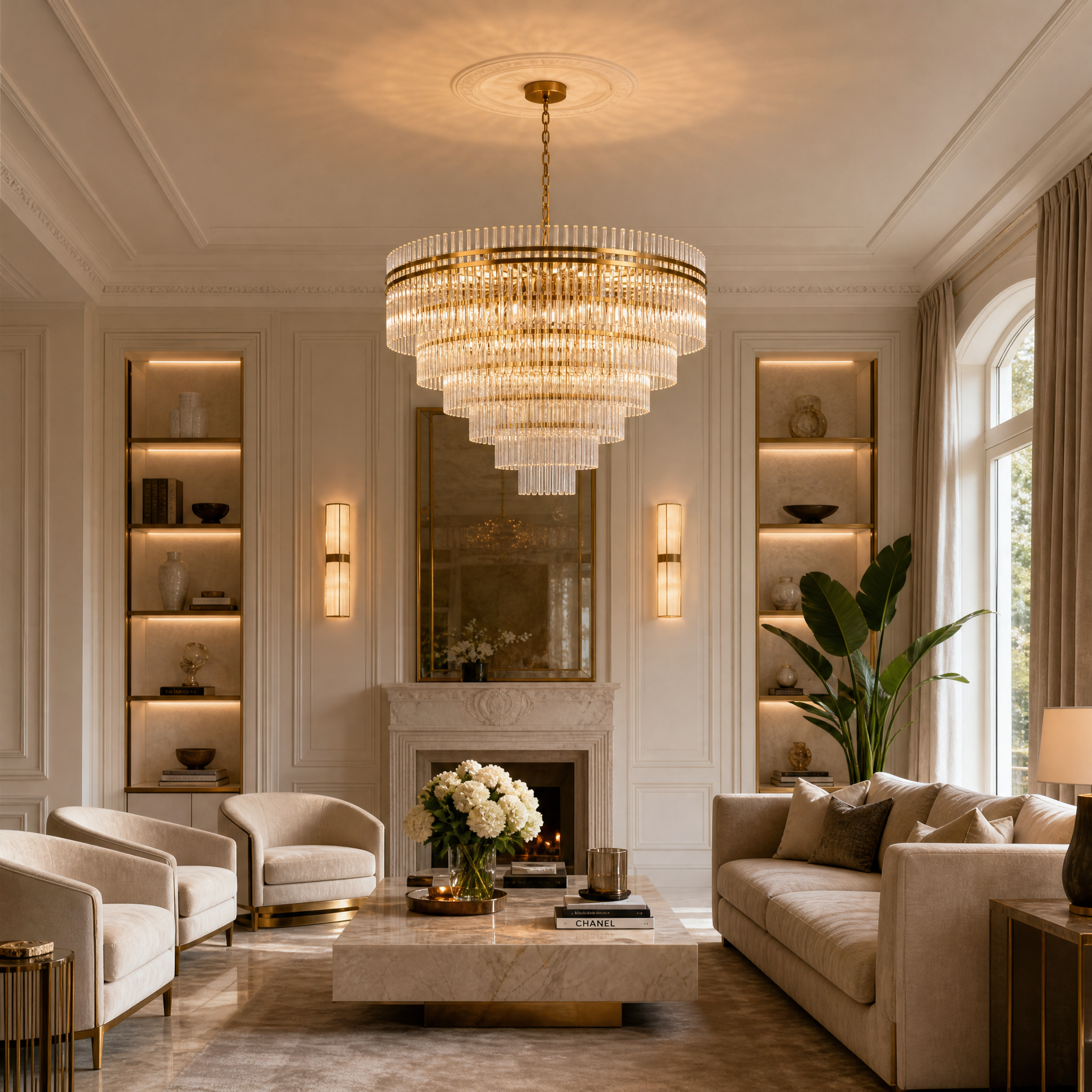 Valdoro circular chandelier with tiered clear glass rods installed in a modern luxury residential living room.
