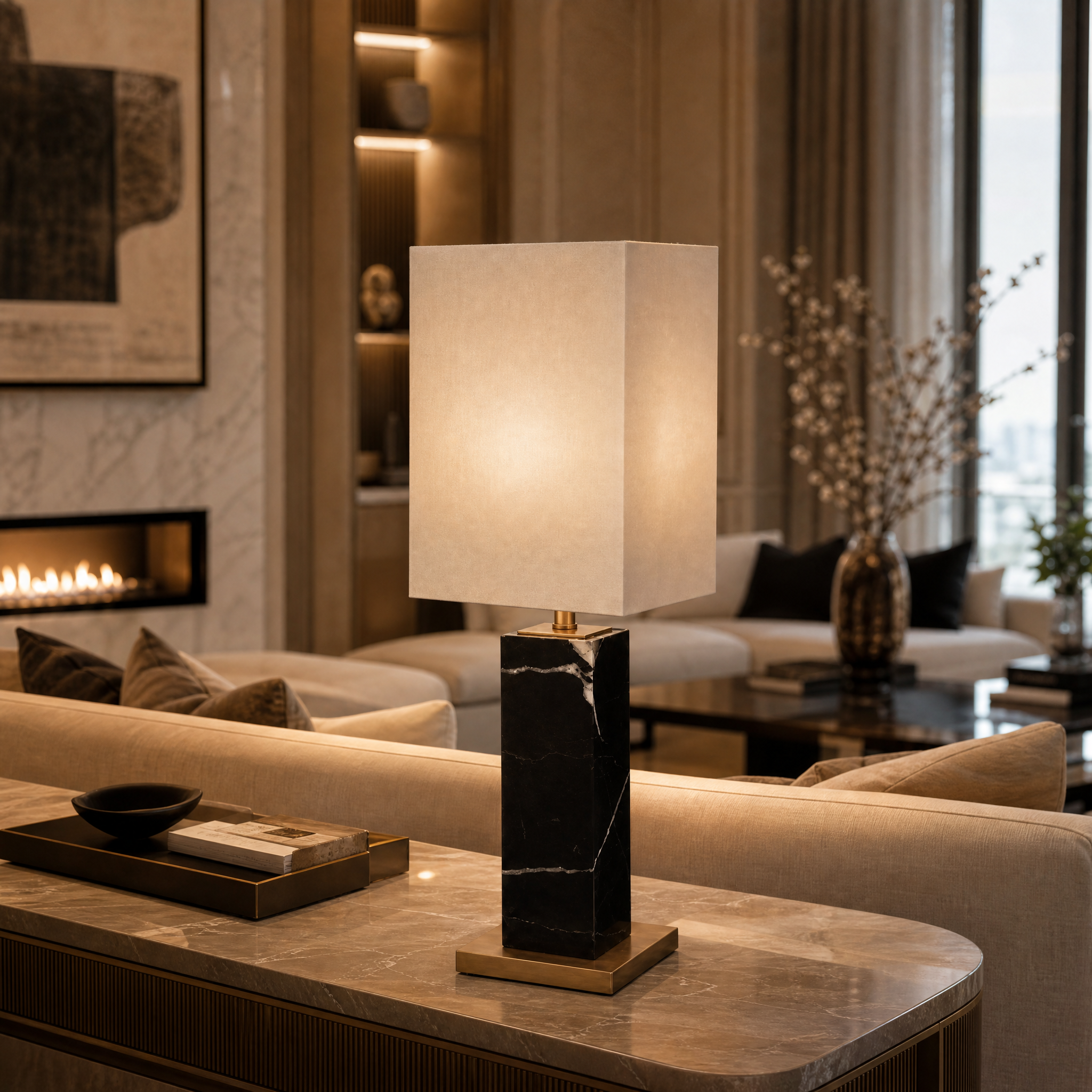 Valdoro marble table lamp with opal shade styled on a modern living room side table