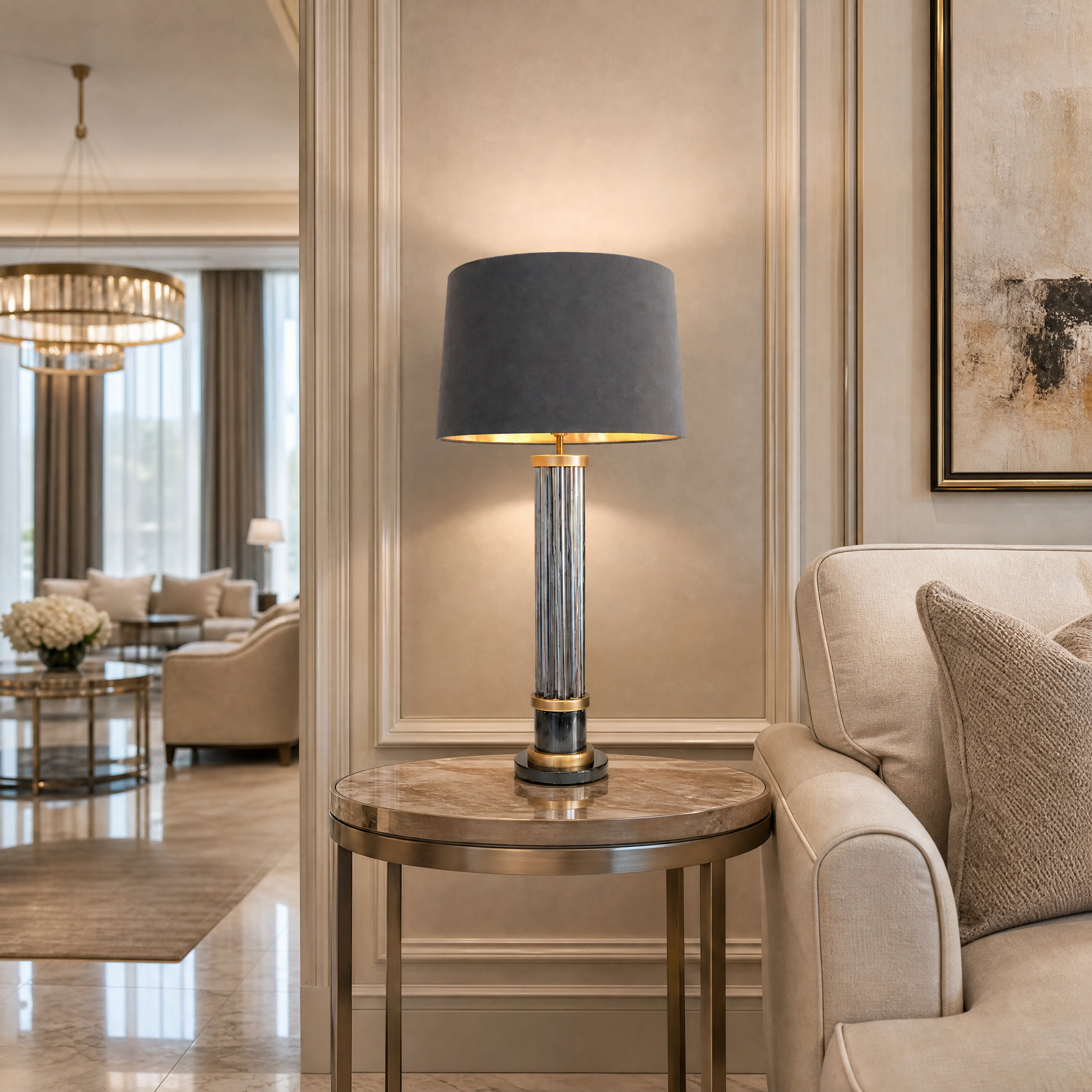 Valenro marble table lamp styled in a modern living room featuring warm brass accents and black marble base
