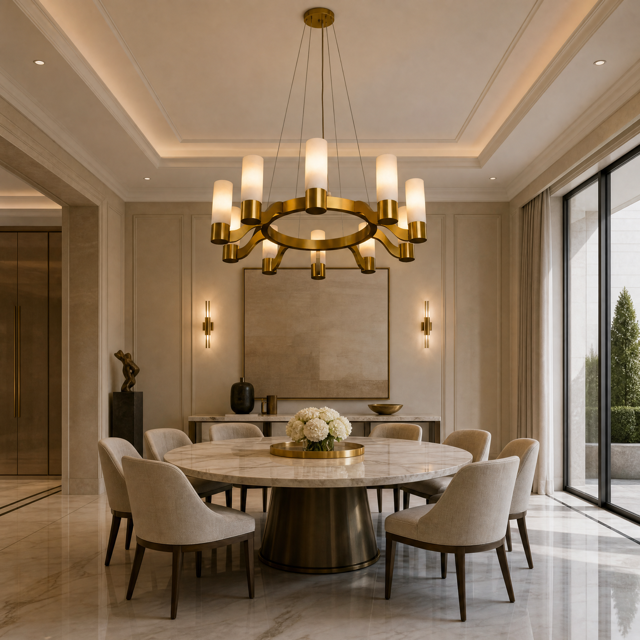 The VORELLI Valenza marble circular chandelier illuminating a luxury residential living room, casting a warm glow over contemporary decor.