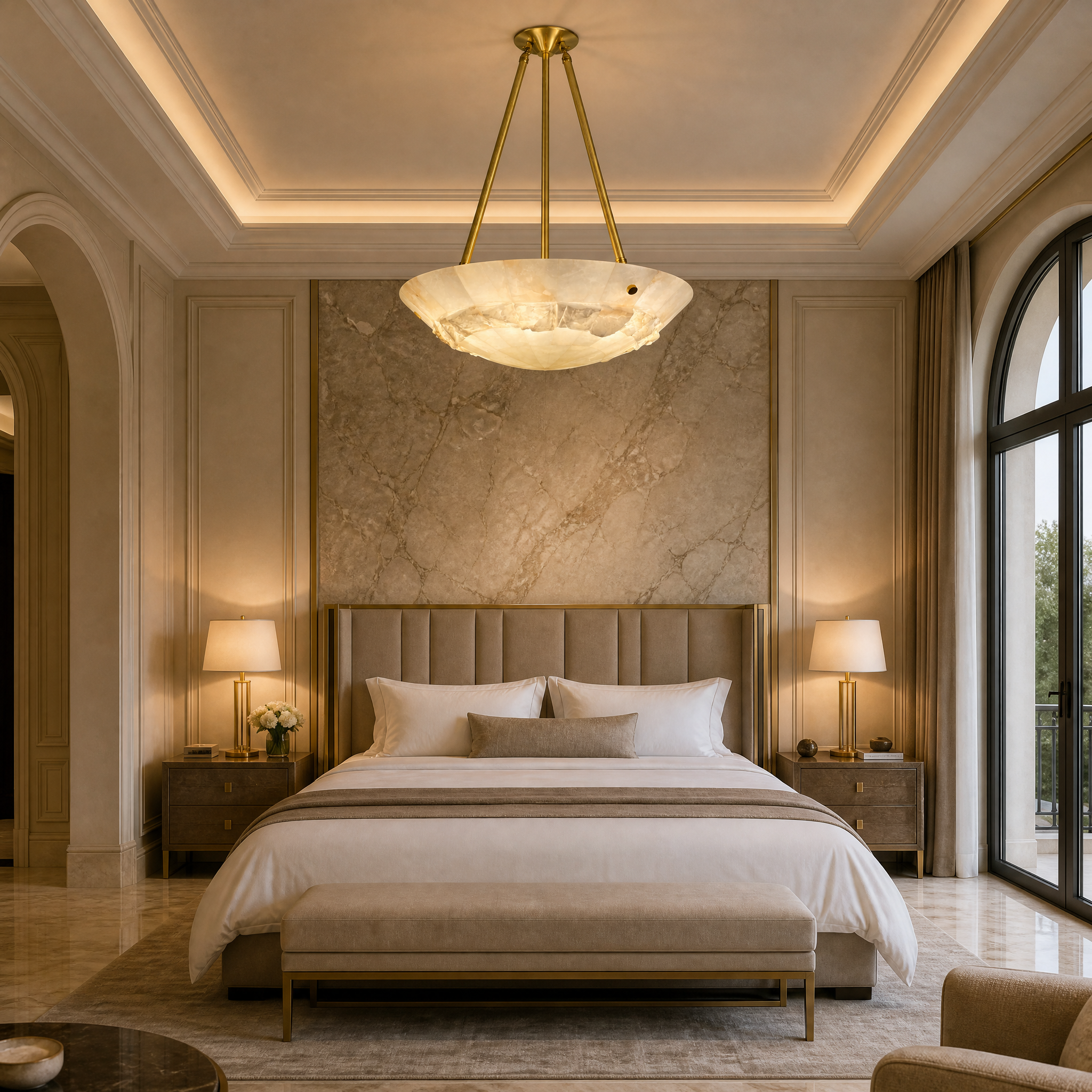 VORELLI Valleria marble circular chandelier hanging grandly in a luxury hotel lobby interior.