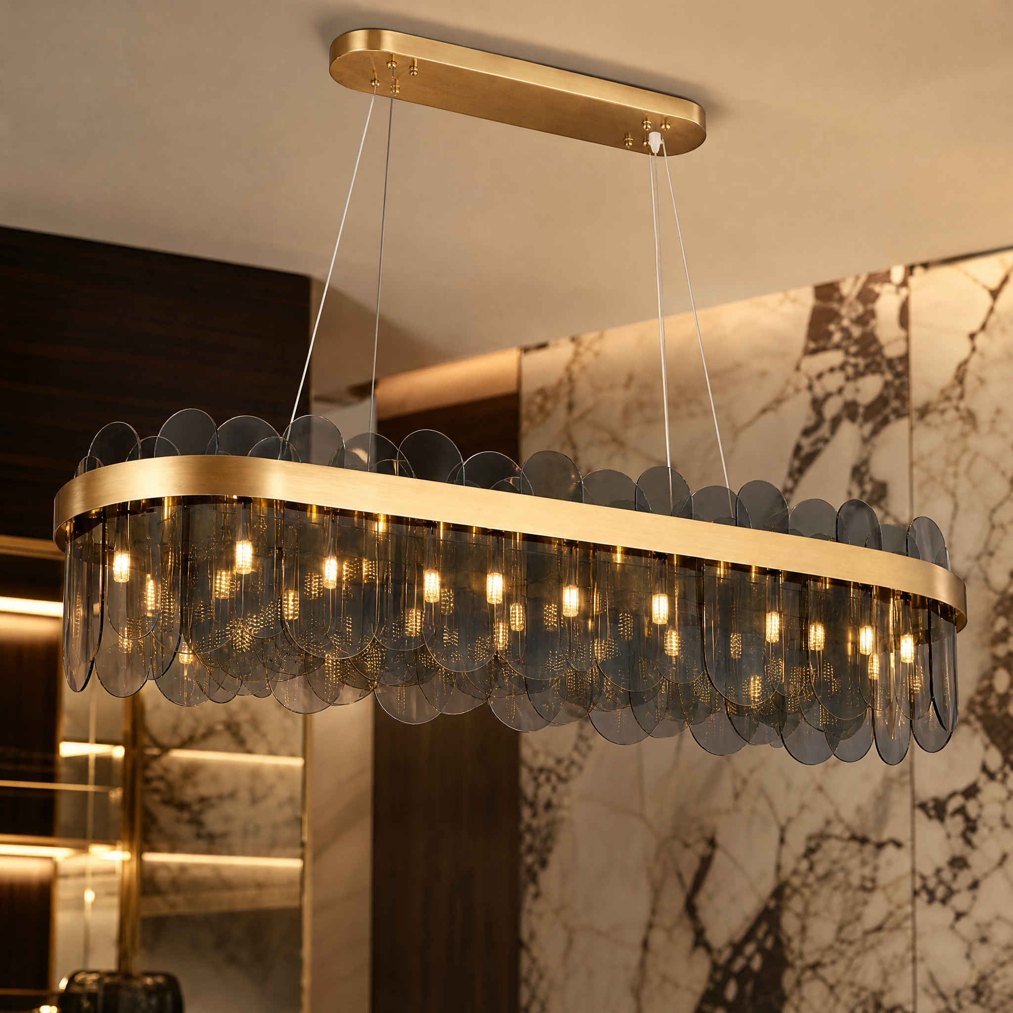 Detailed closeup of the VORELLI Valparaíso chandelier showcasing the signature number 8 brushed copper frame and sleek oblong glass cylinders.