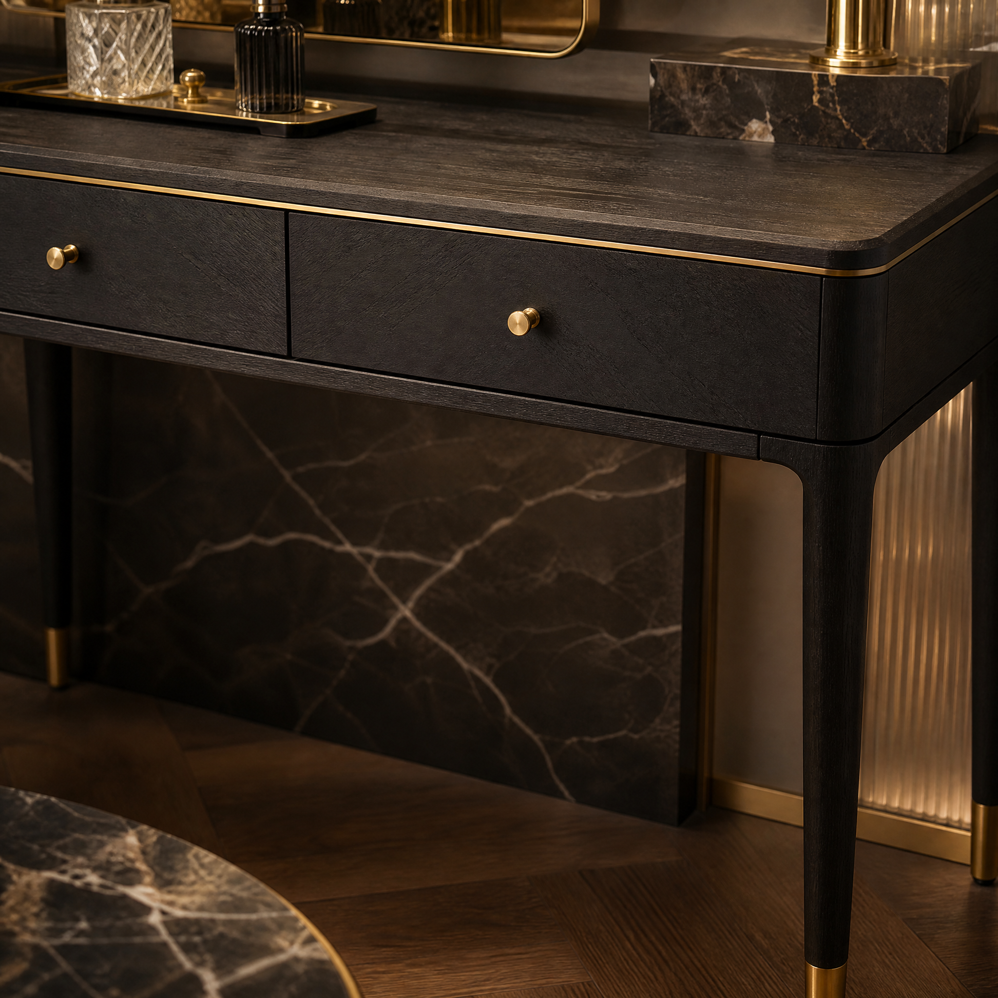 A detailed closeup showing the architectural presence and premium craftsmanship of the Vancevo warm brass frame and grey detailing.