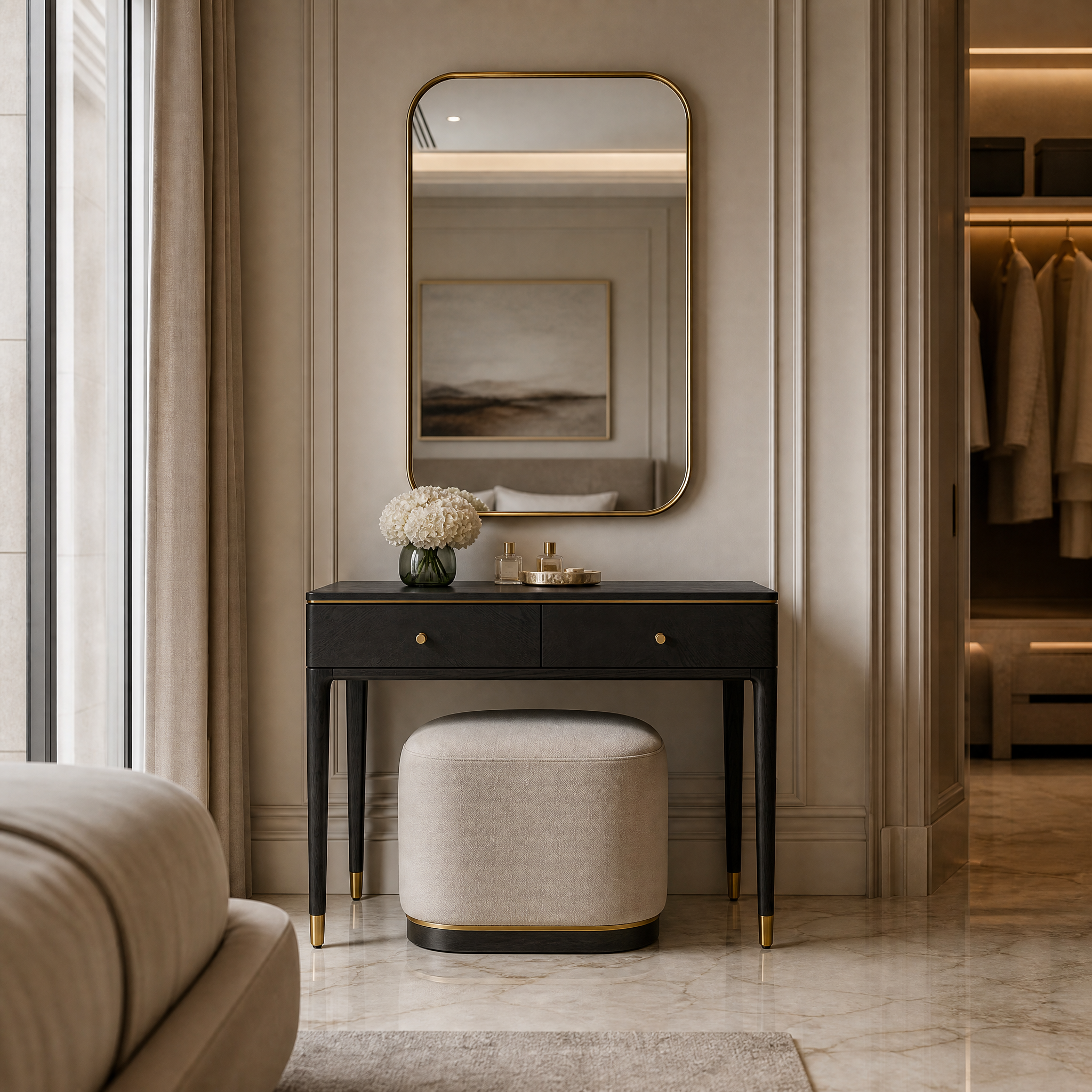 Vancevo warm brass and refined grey dressing table integrated into a luxury residential bedroom setting with elegant modern decor.