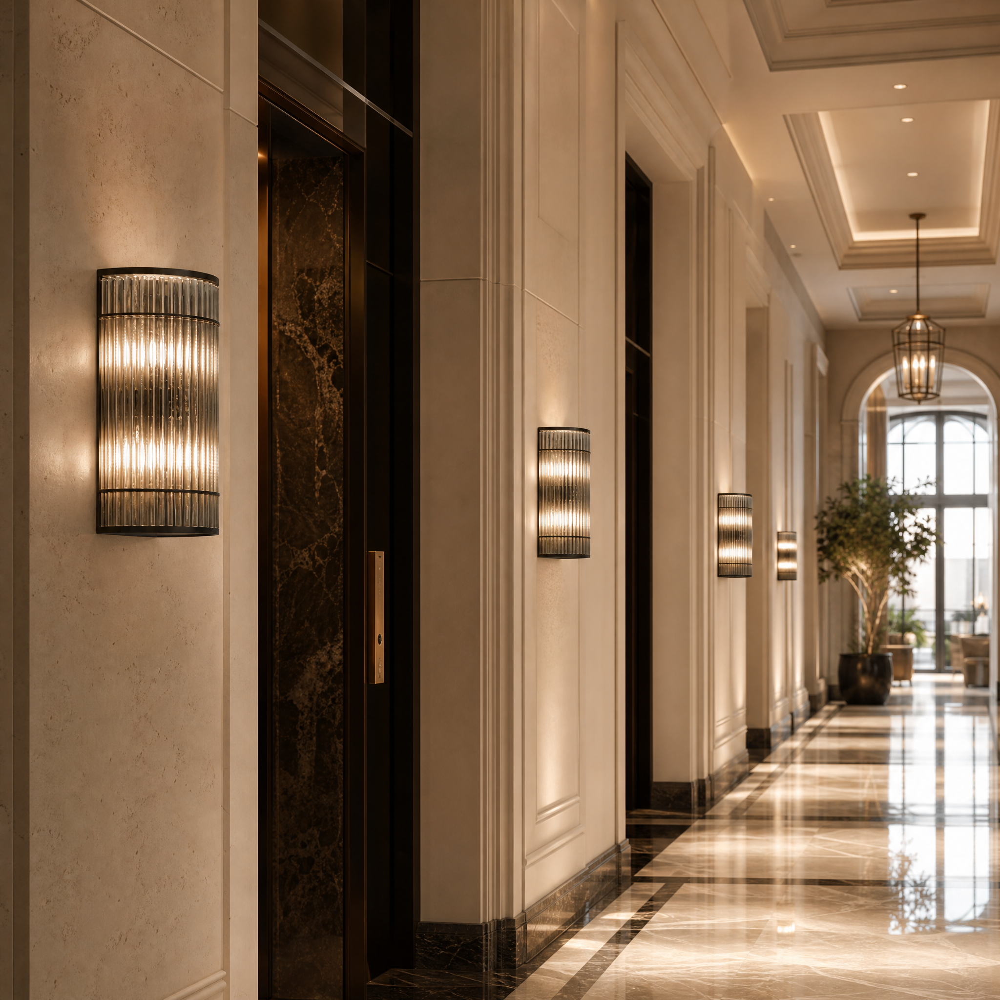 Vantore IP65 Gunmetal Glass Wall Light shown in a luxury hospitality interior by VORELLI