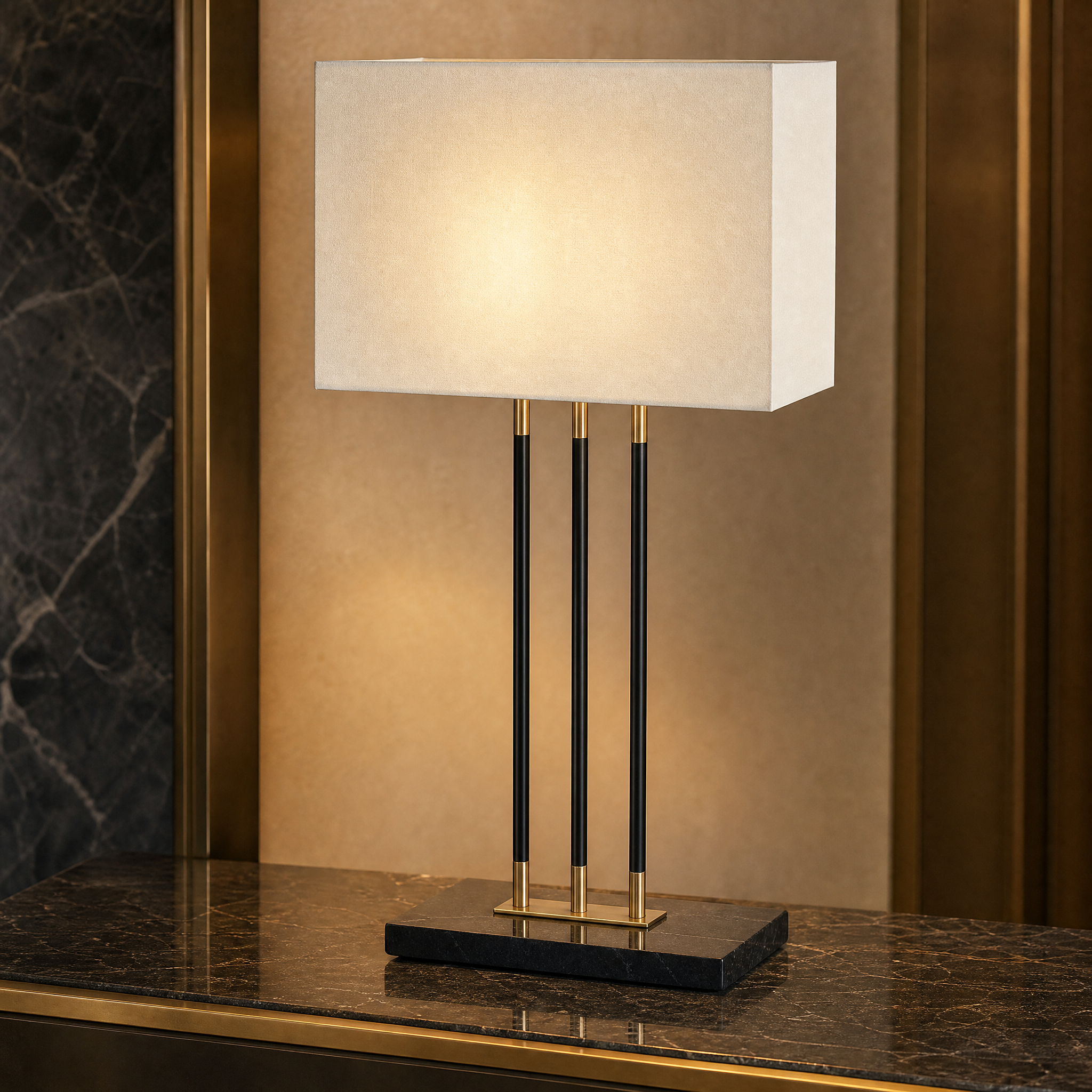 Close-up detailed view of the Varelle table lamp showcasing its refined matte antique brass structure, solid marble base, and clean vertical architectural lines.