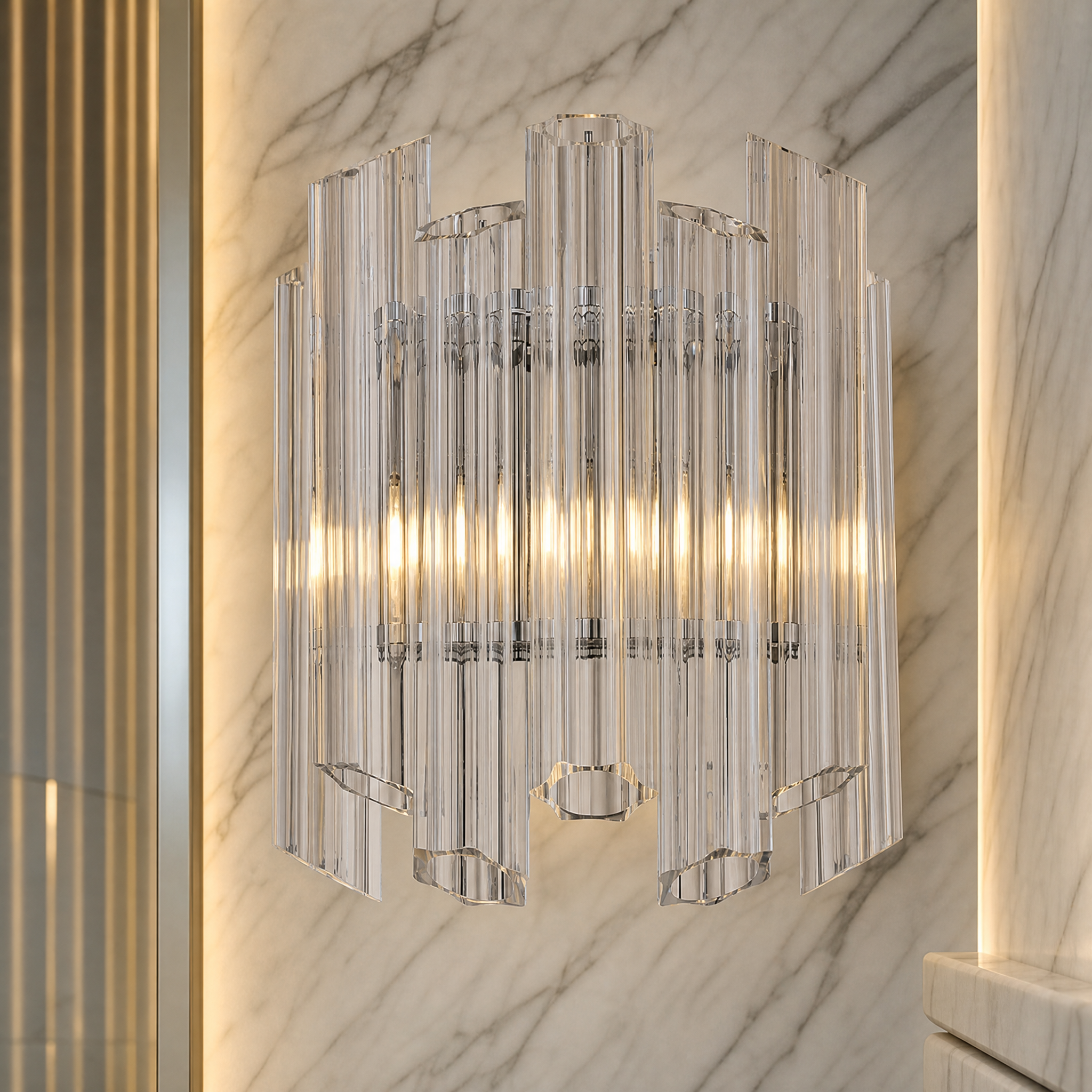 Close-up detail of the VORELLI Velaro wall light showcasing its polished nickel frame and vertically arranged clear glass panels.