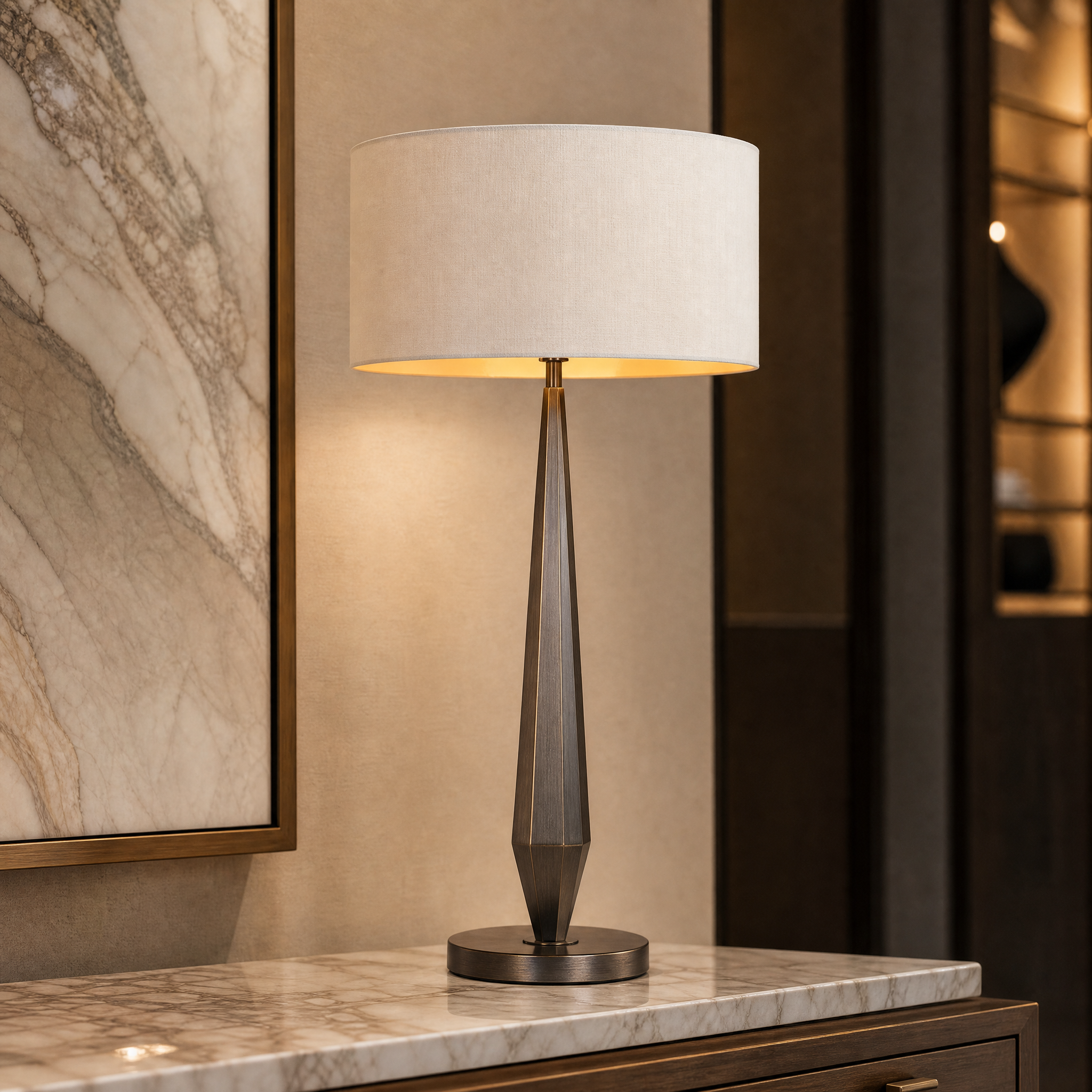 Close-up detail of the Velmora lamp showcasing the refined dark brass finish and tall tapered architectural silhouette.