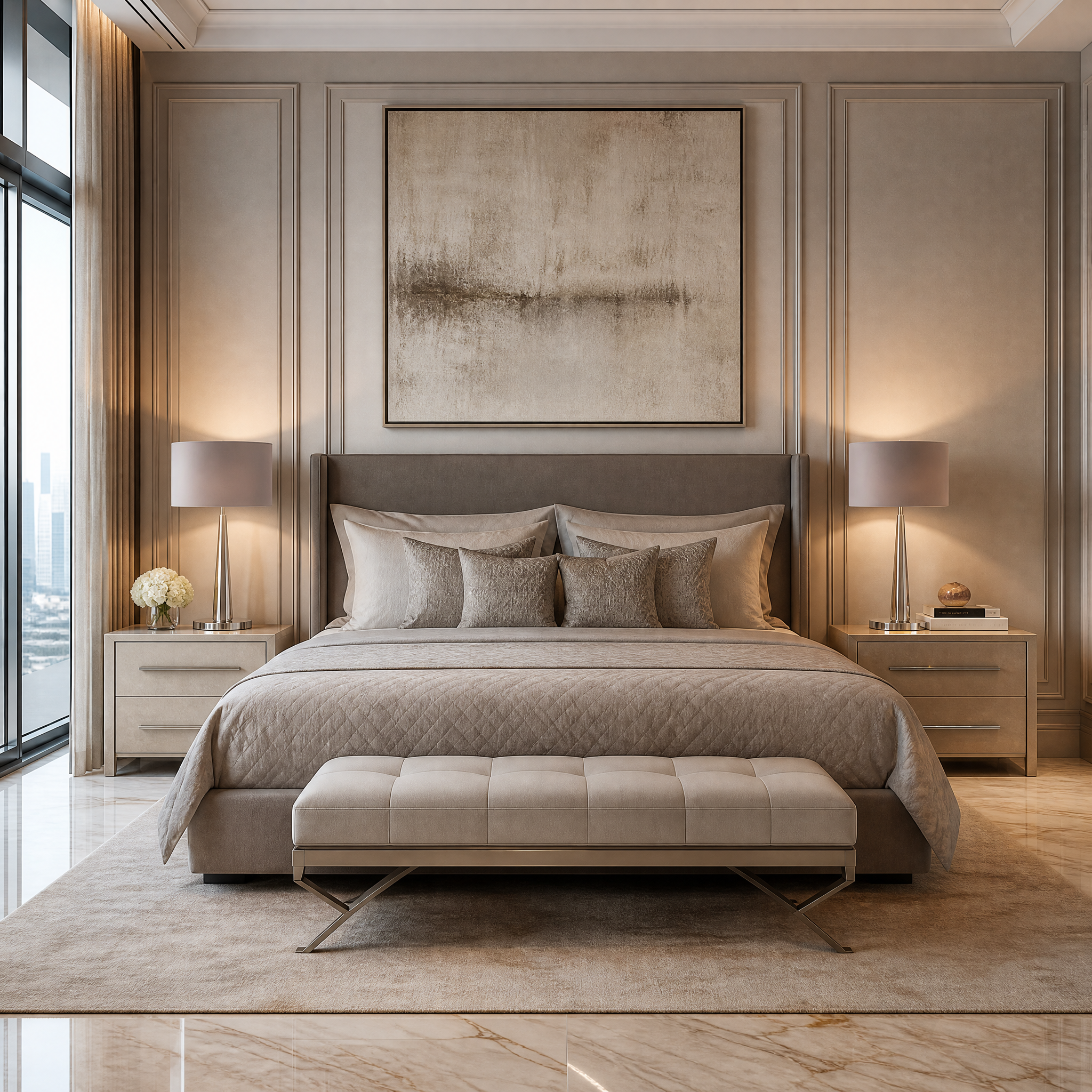 The Velmora brushed nickel table lamp by Vorelli casting a warm glow on a wooden side table in a modern residential living room.