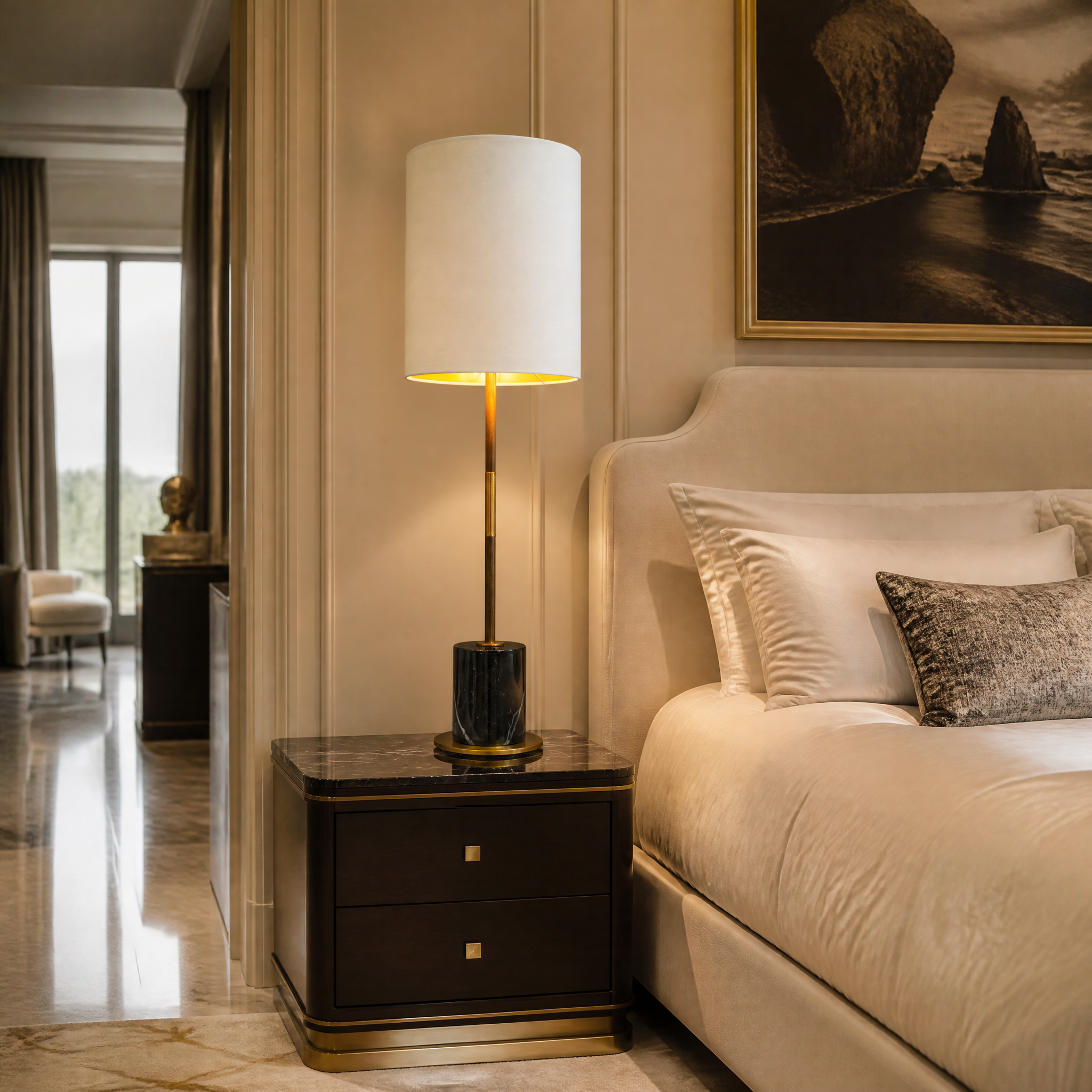VORELLI Velmoro Marble Table Lamp with an antique brass stem and opal shade on a side table in a luxury modern living room setting.
