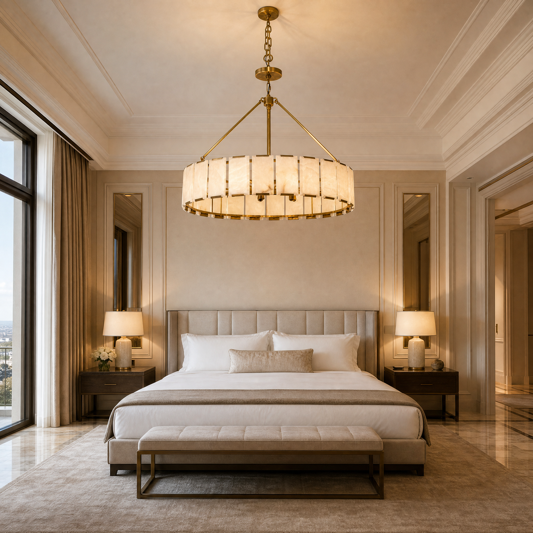 Elegant Venezino Alabaster Chandelier installed in a luxury hotel lobby, showcasing its 20th-century inspired design.