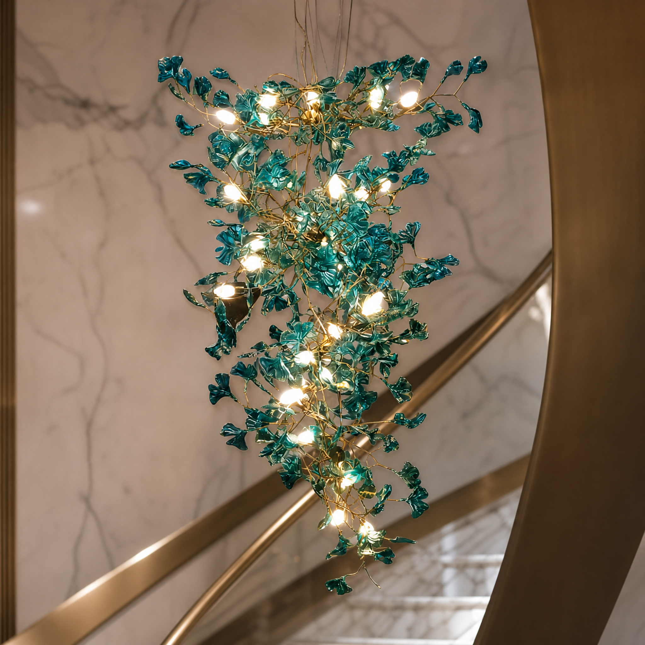 Detailed closeup of the VORELLI Verde Linear Chandelier, highlighting the refined texture and artisan craftsmanship of the sculptural green glass leaves.
