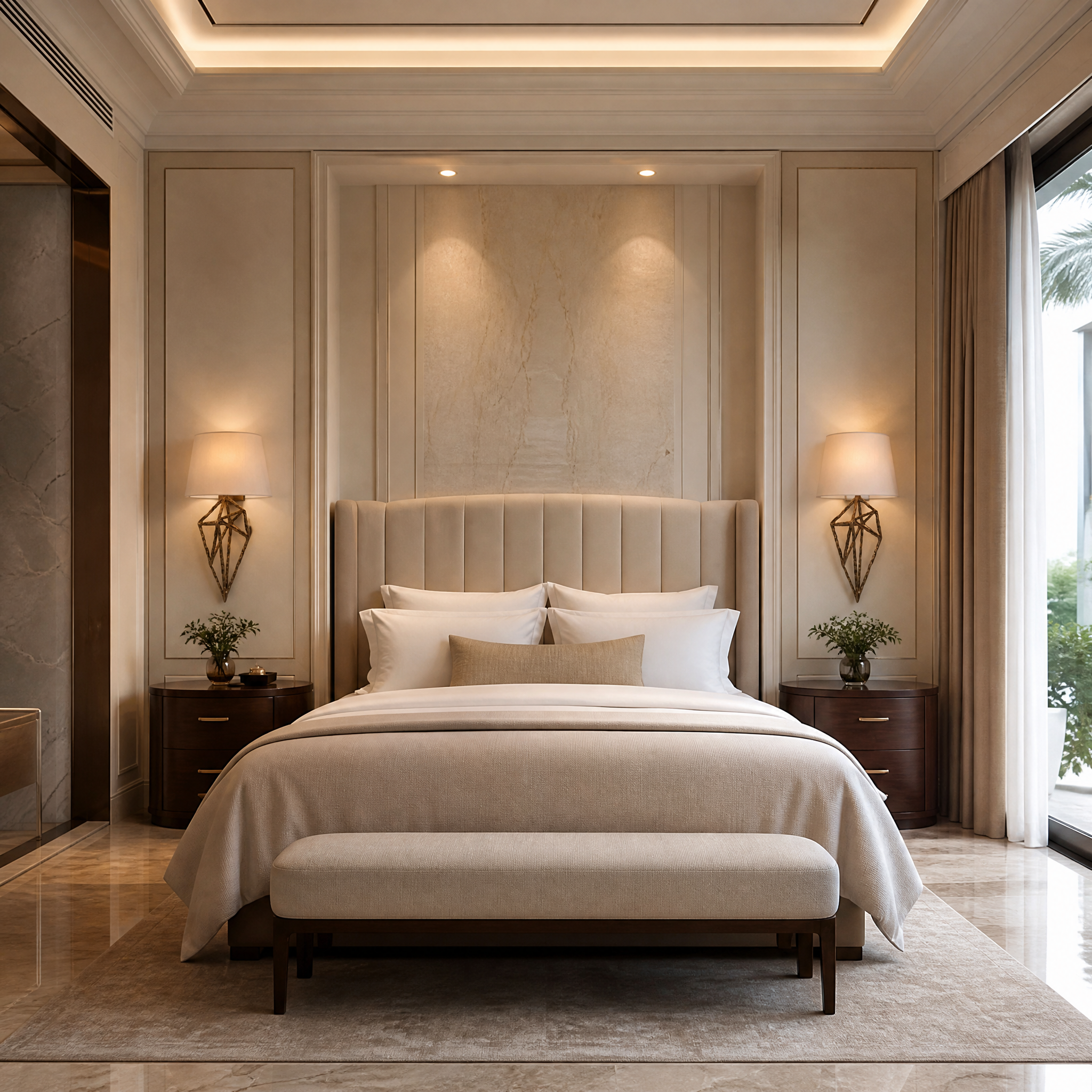Elegant Virella antique brass wall fixtures illuminating a sophisticated hotel corridor, showcasing its timeless decorative character.
