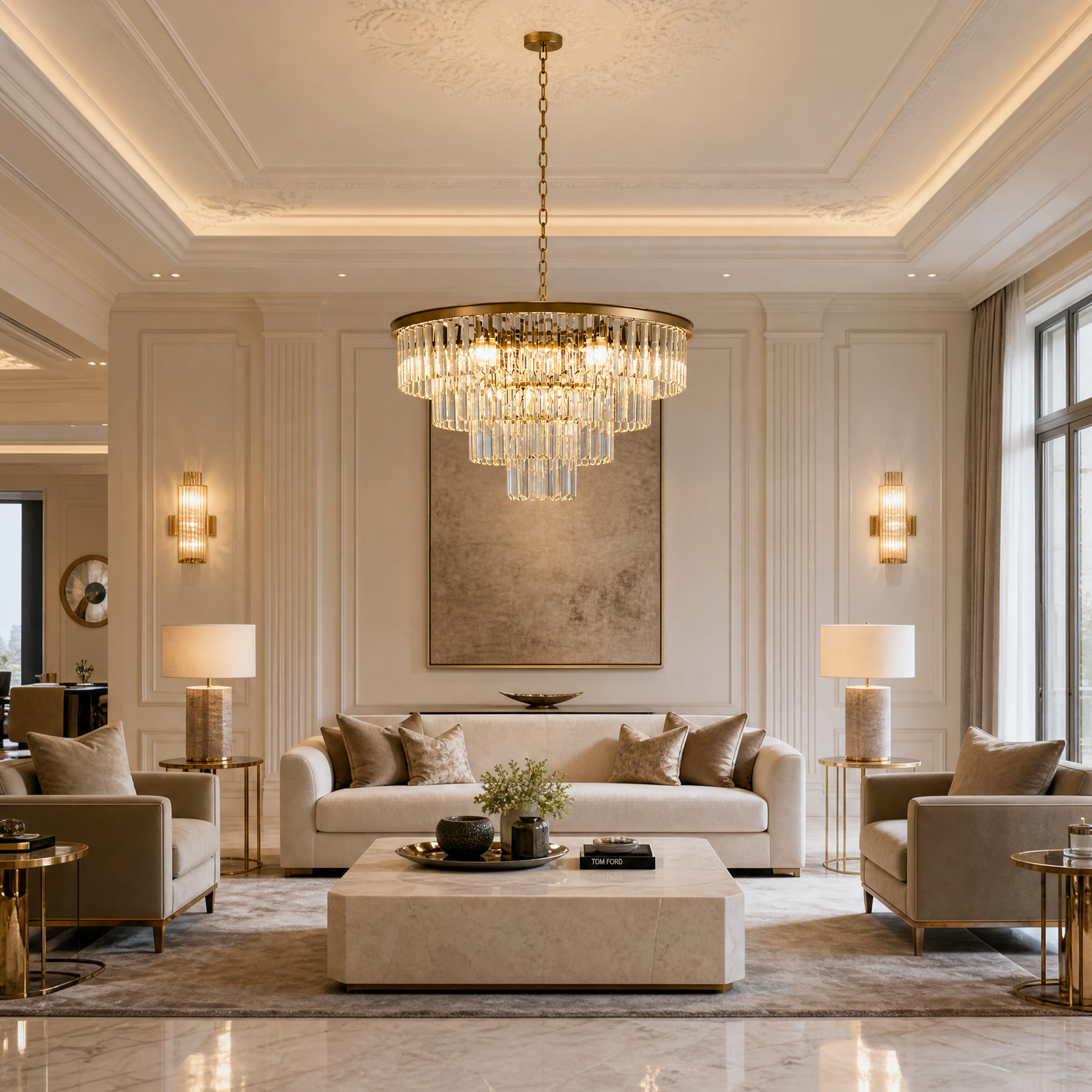 The VORELLI Beckenham circular crystal chandelier illuminating a sophisticated, high-ceiling residential living room with classical elegance.