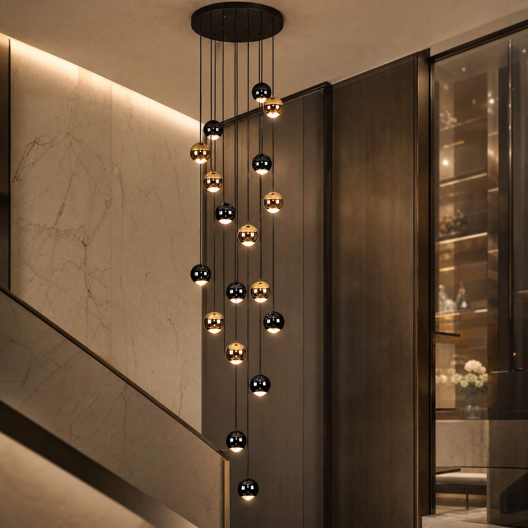 A detailed closeup of the Carlito luxury chandelier by VORELLI, showcasing the premium materials and modern sphere design.