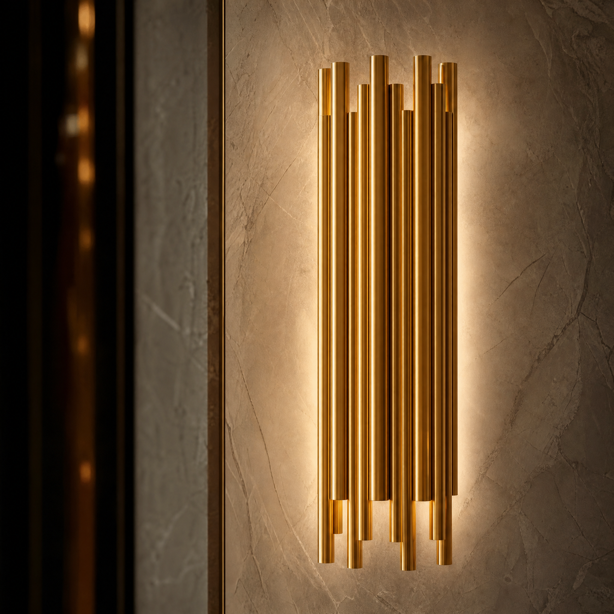 Detailed closeup of the VORELLI Vitacura wall light showcasing its refined brushed copper finish and contemporary stainless steel accents.