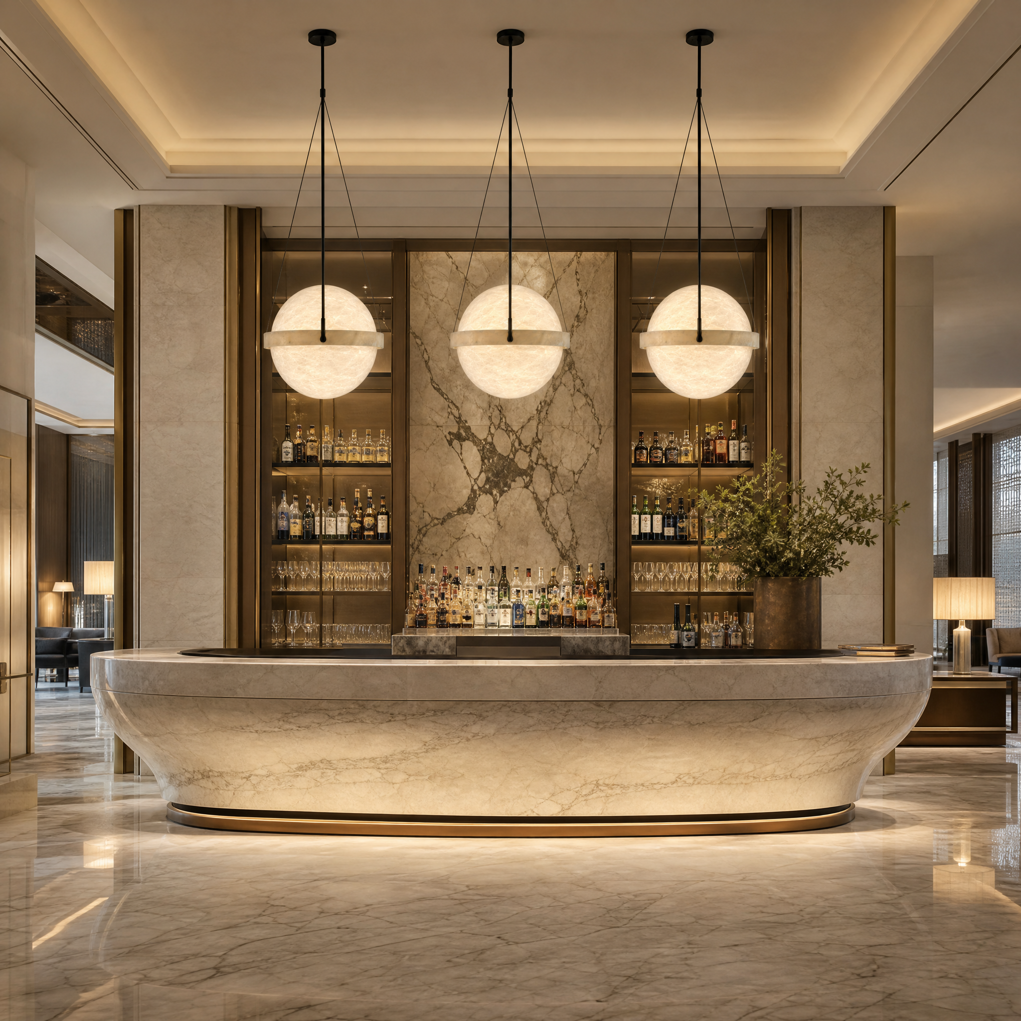 Elegant Volana marble pendant light installation in a luxury hotel lobby setting