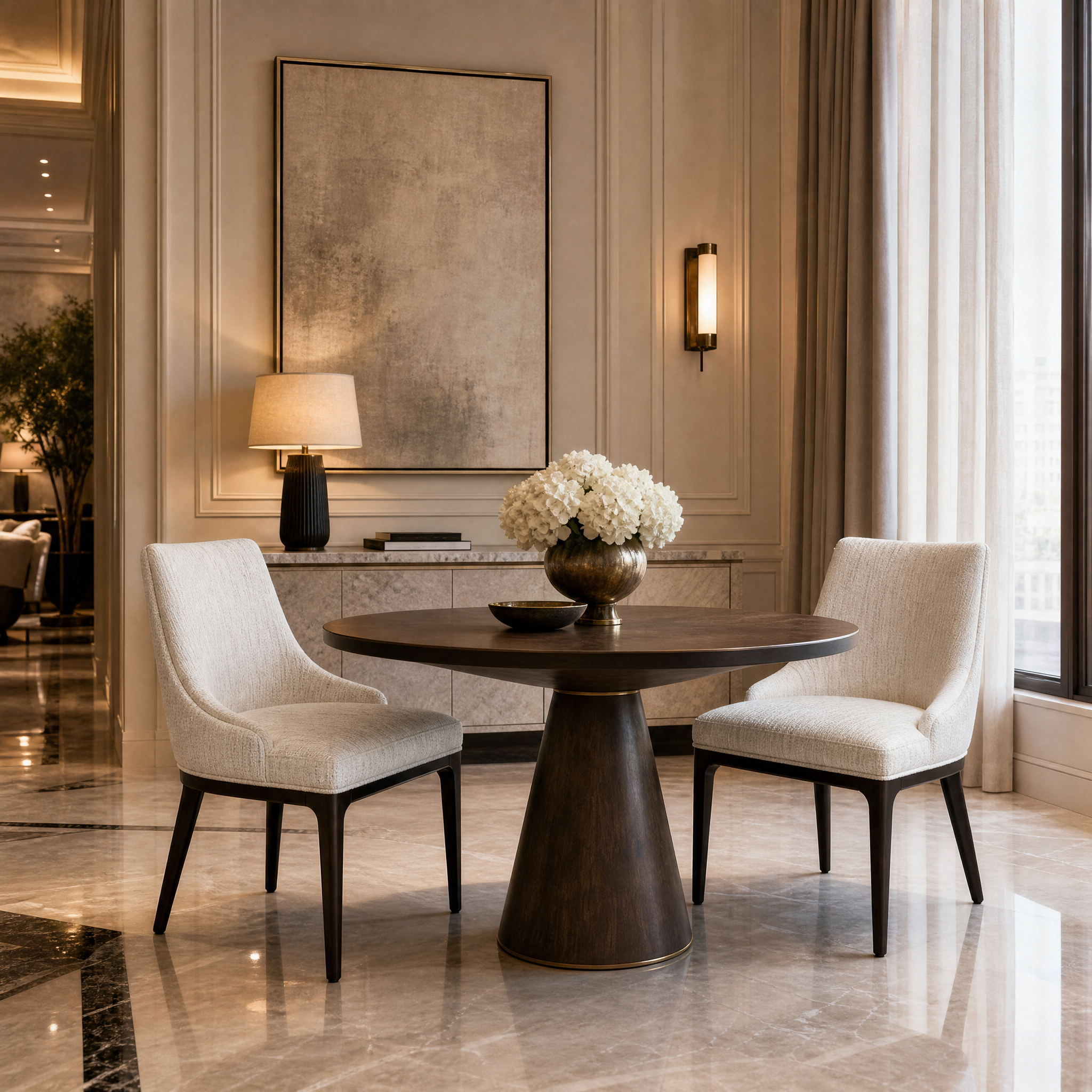 VORELLI Abrevo contemporary cream fabric lounge chair styled in a modern, sunlit residential living room setting.