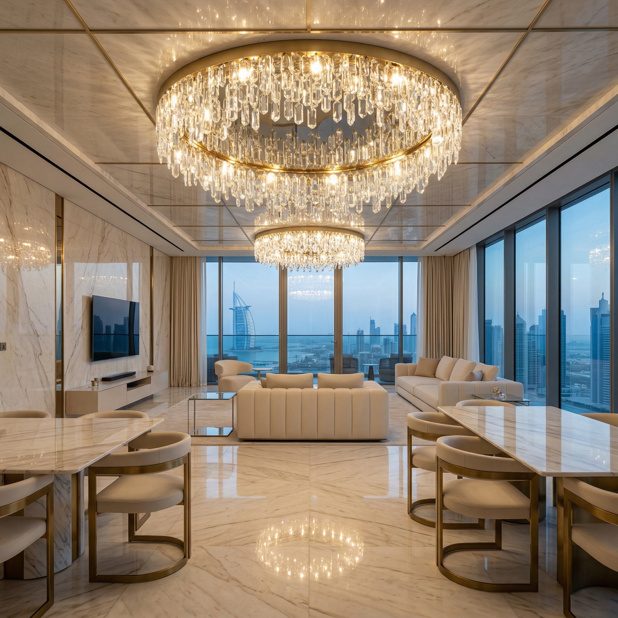 VORELLI® Abruzzi ceiling light in luxury Dubai apartment with crystal detailing and warm ambient lighting